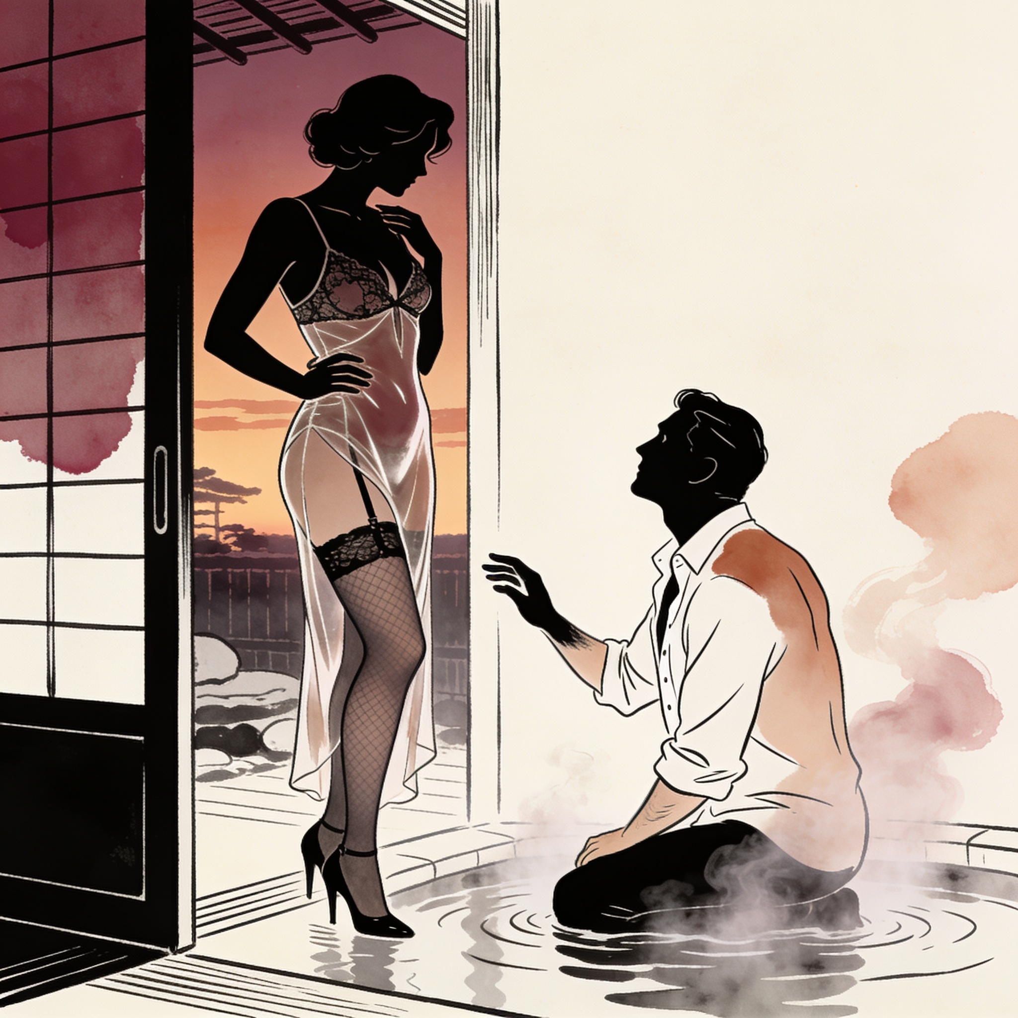 A silhouetted woman in sheer lingerie stands as a man in a hot spring gazes up, arrested.