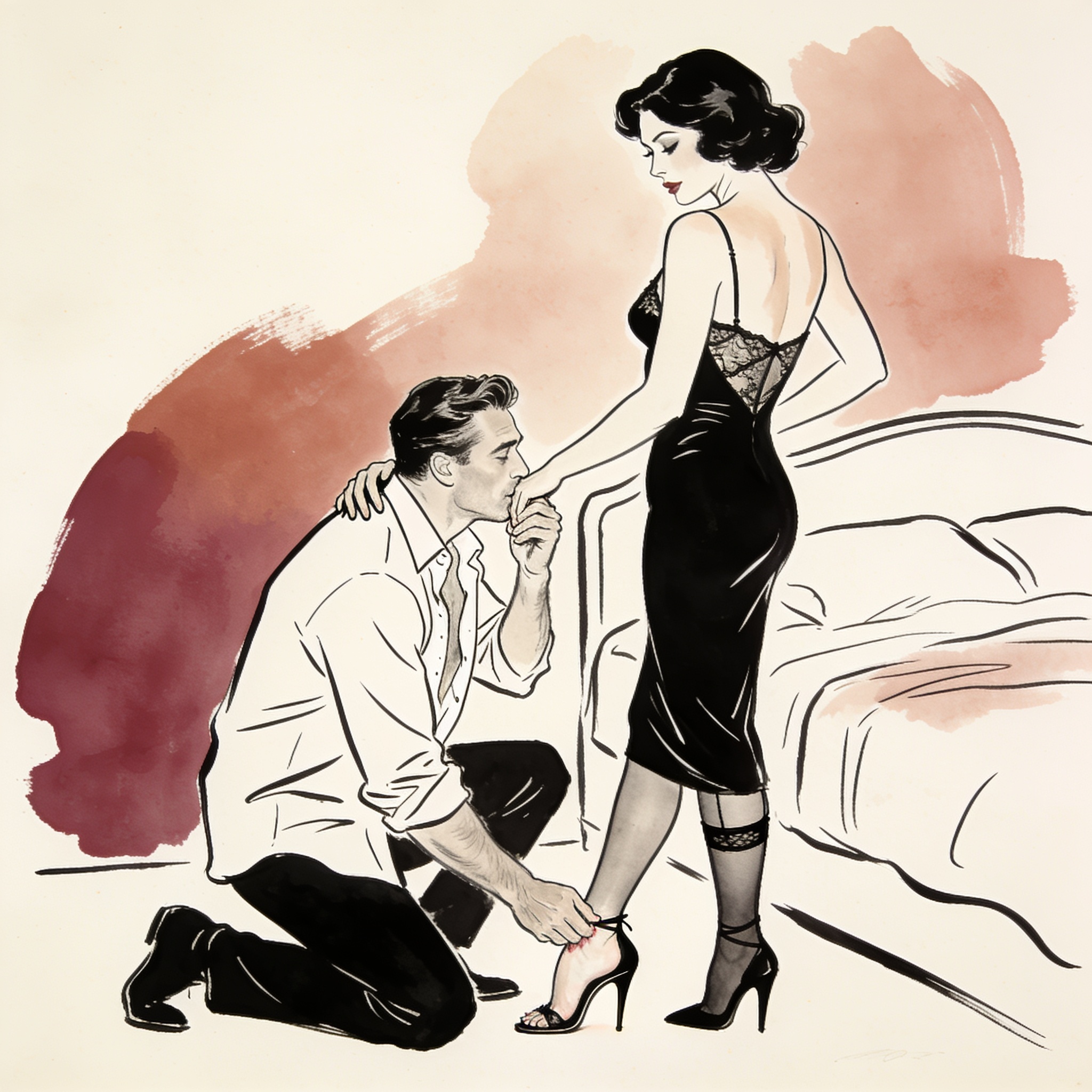 Man kneels to kiss a woman's foot in a black dress in a hotel suite.