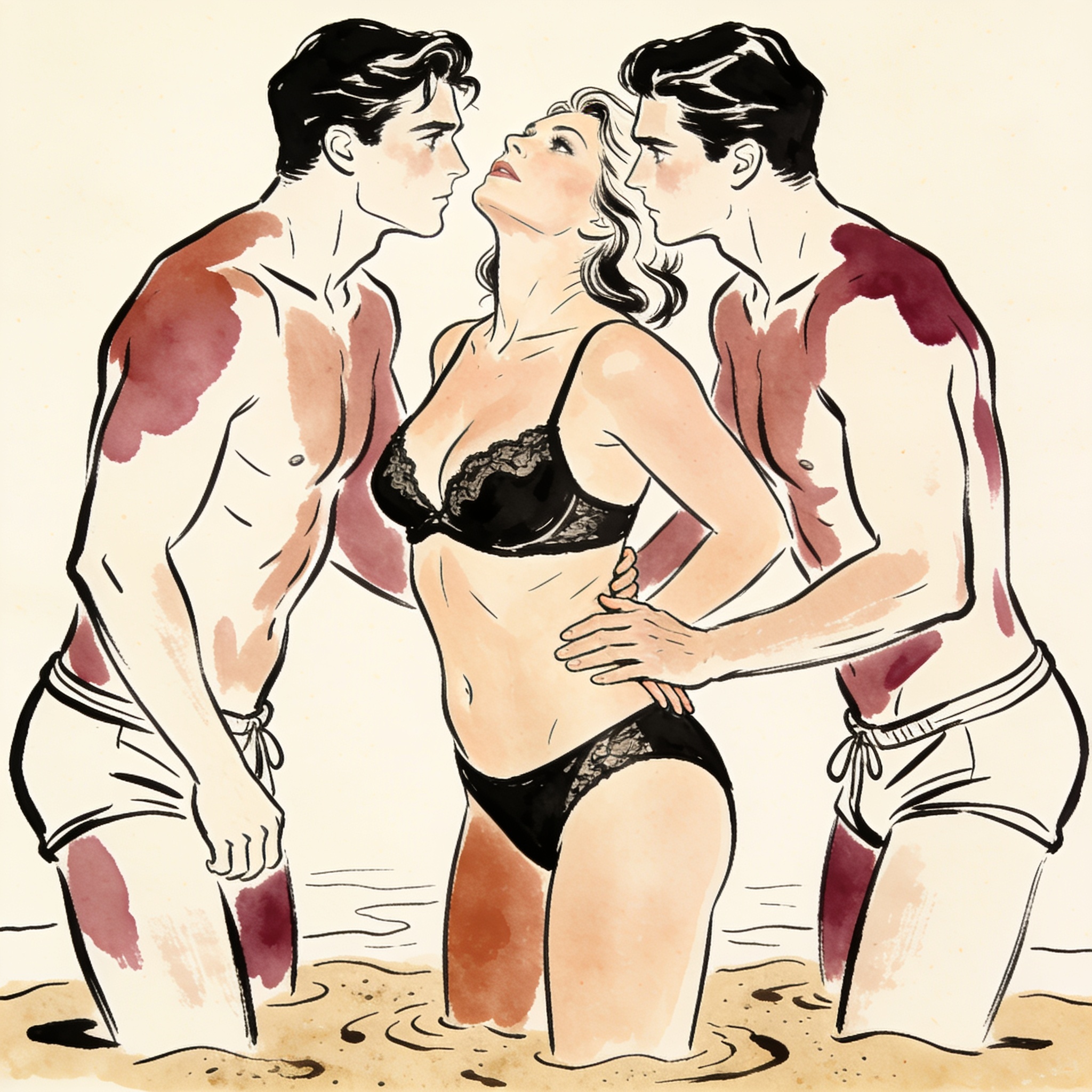 Woman in lingerie between two men on a beach, a charged moment of silent appraisal.