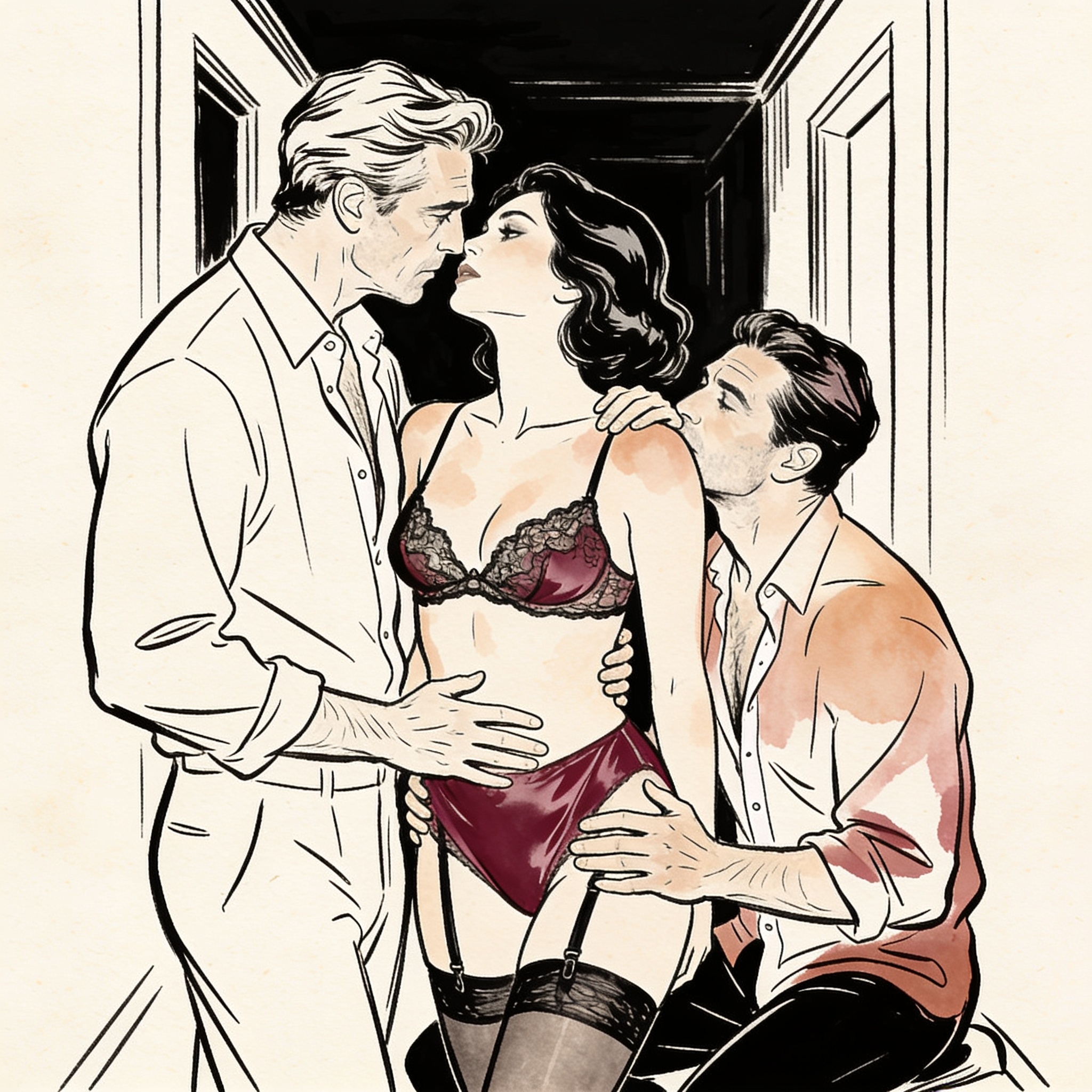 A woman between two men, one holding her gaze, the other kneeling behind her.