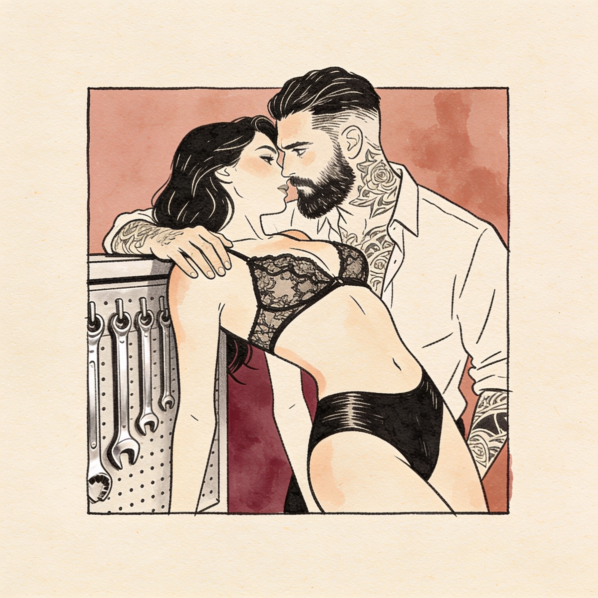 A woman in lingerie is intimately flanked by two men in a workshop, their faces close.