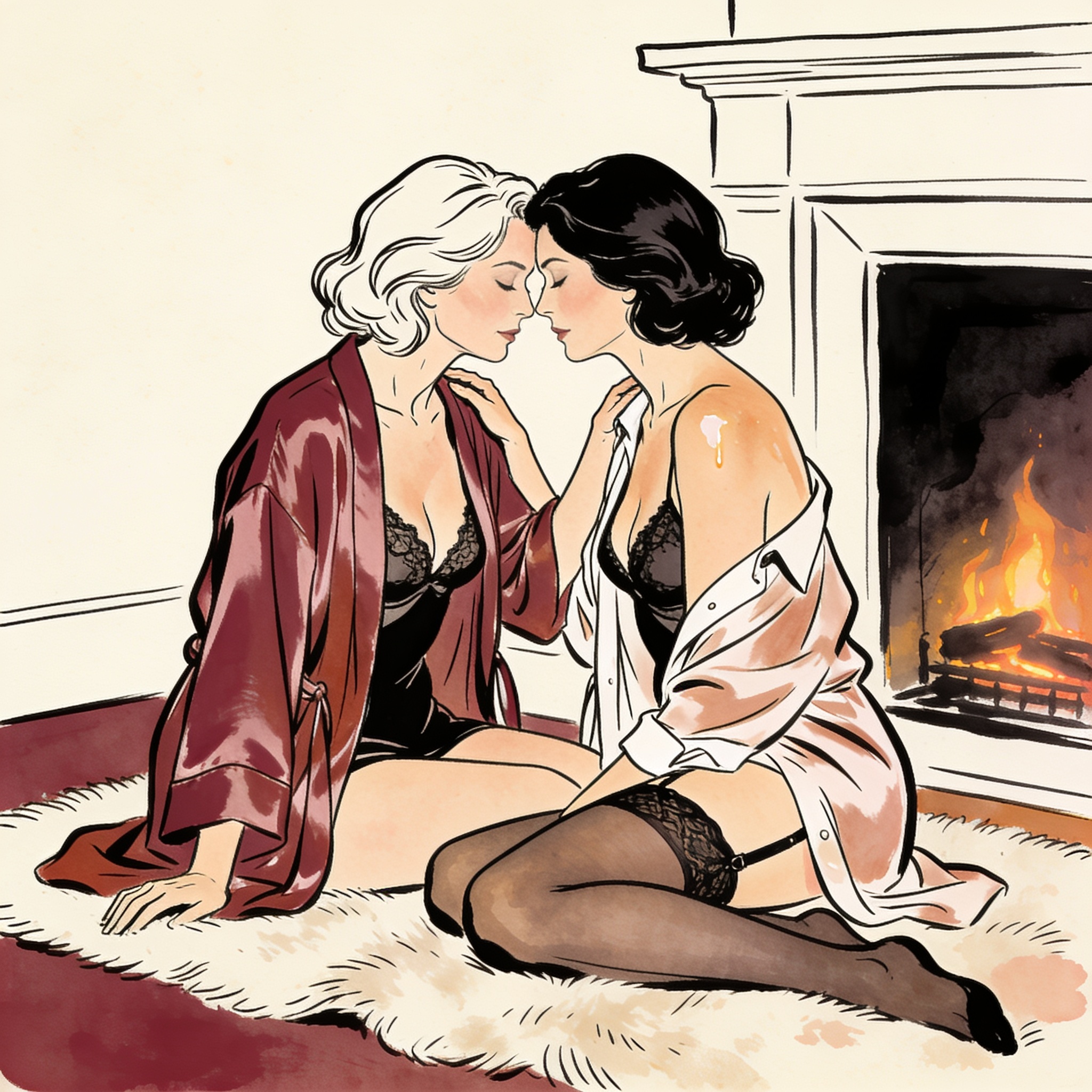 Two women in silk robes embrace, foreheads touching, by a fireplace.