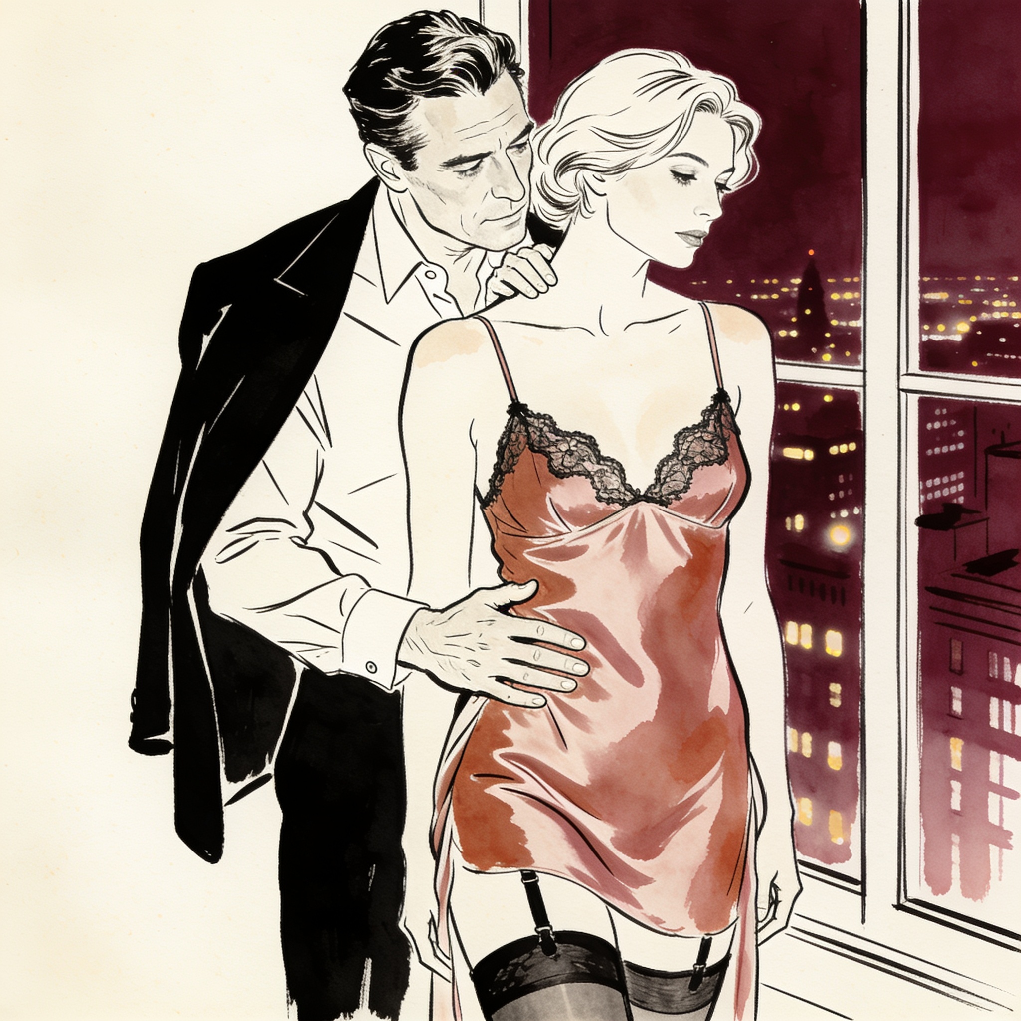 Man in a half-off suit jacket stands behind a woman in a silk slip at a window, his han...
