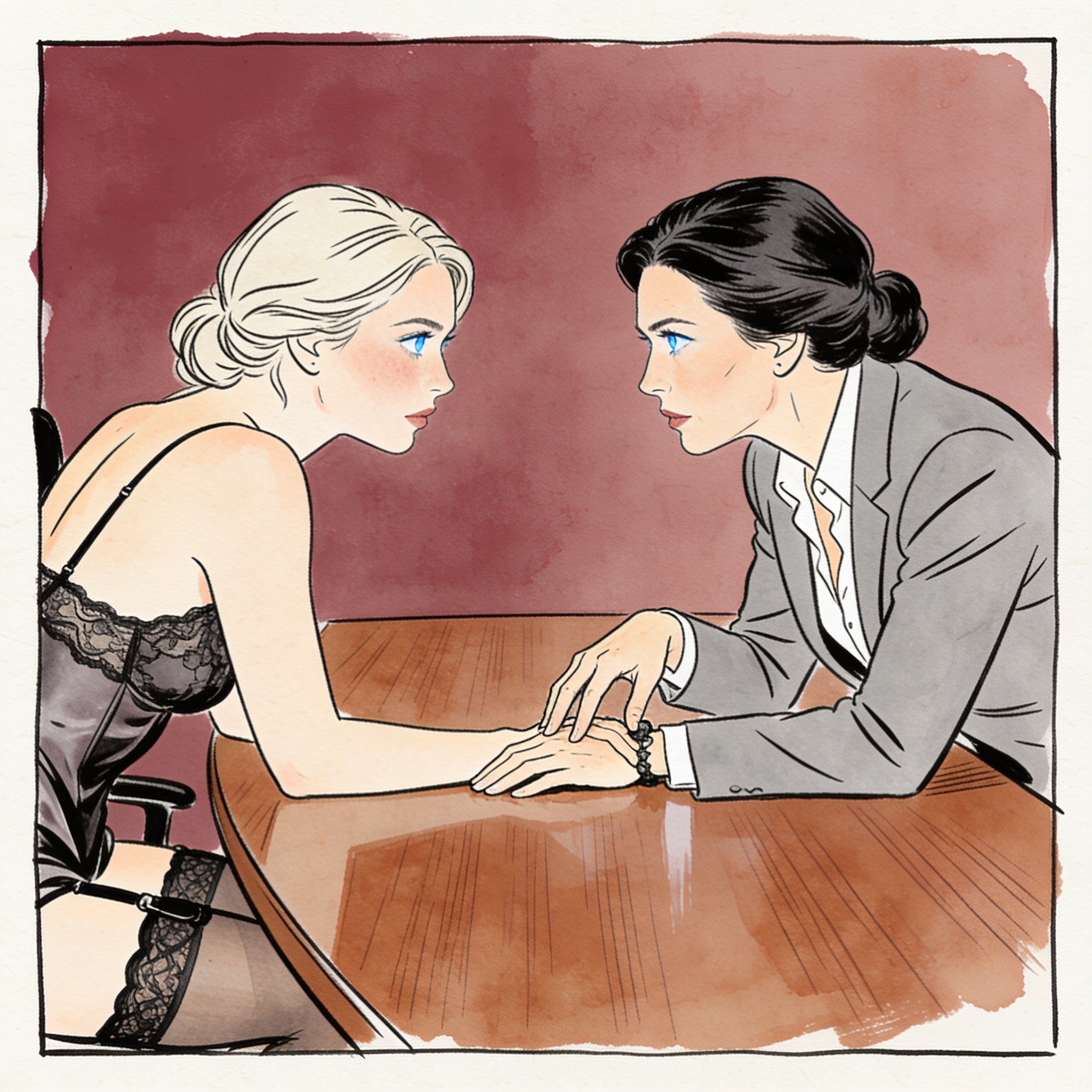 A powerful woman in a suit touches a blushing subordinate's wrist across a conference t...