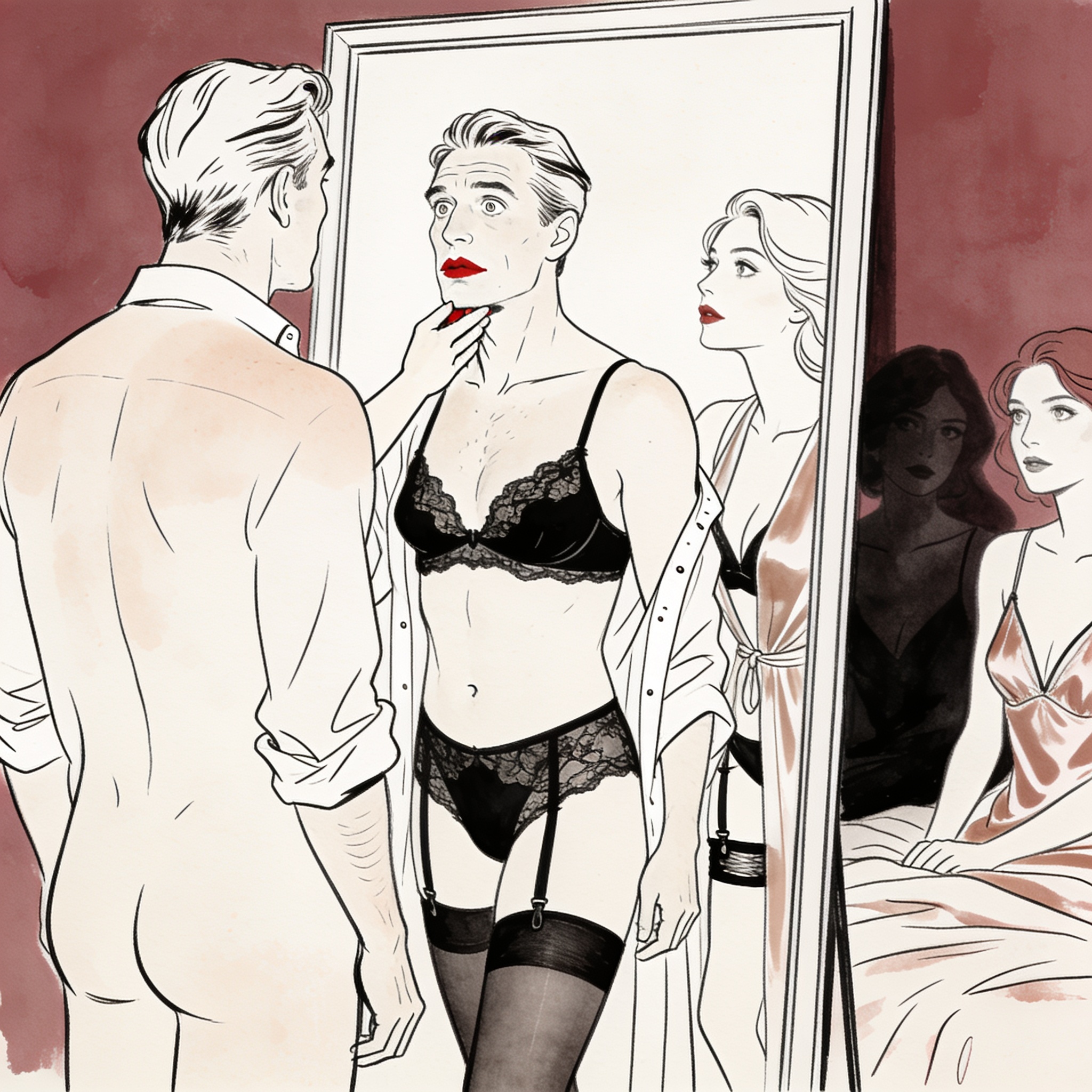 A man in black lace lingerie gazes at his reflection as a woman holds his chin.