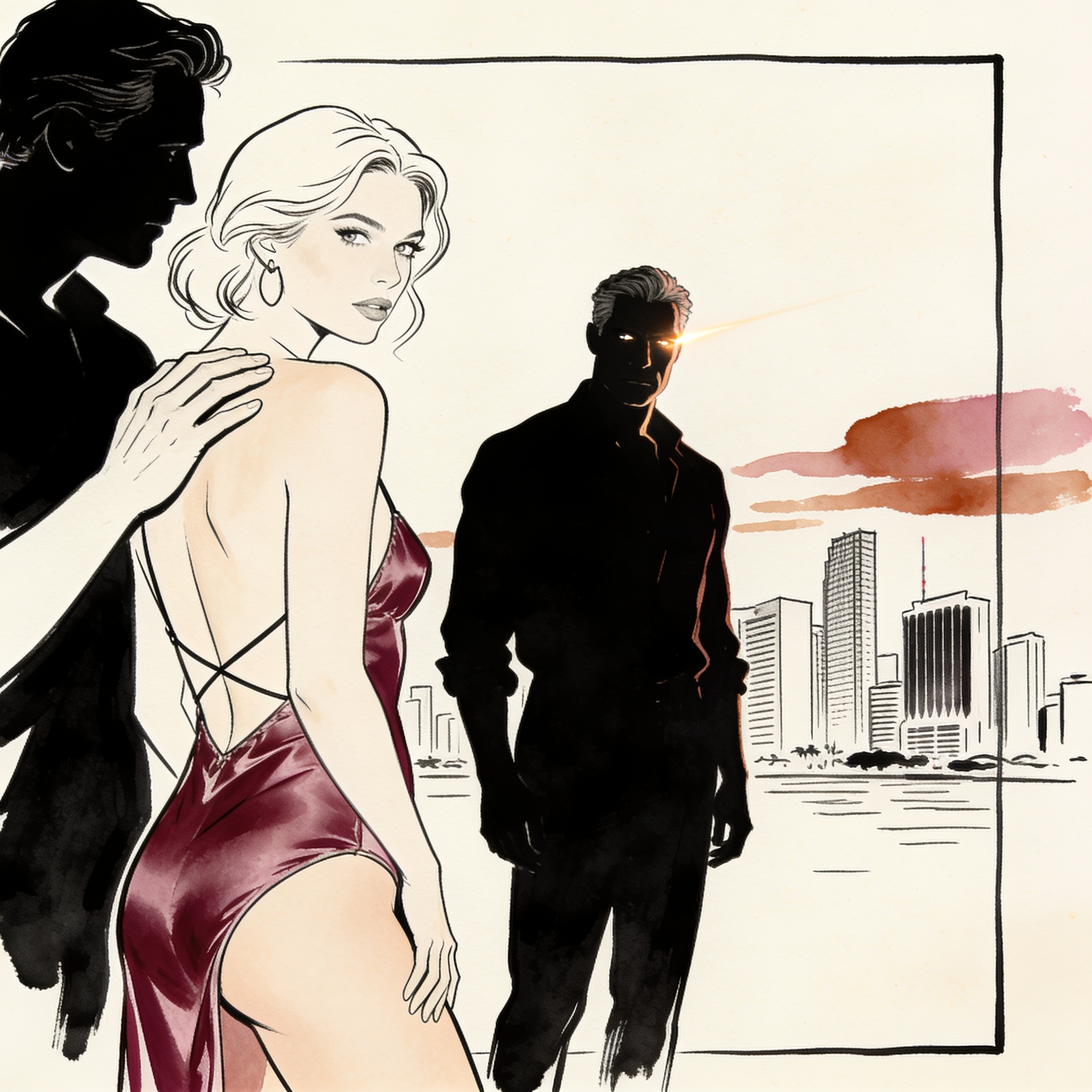 A man watches as another gazes at his wife in lingerie against a city window.