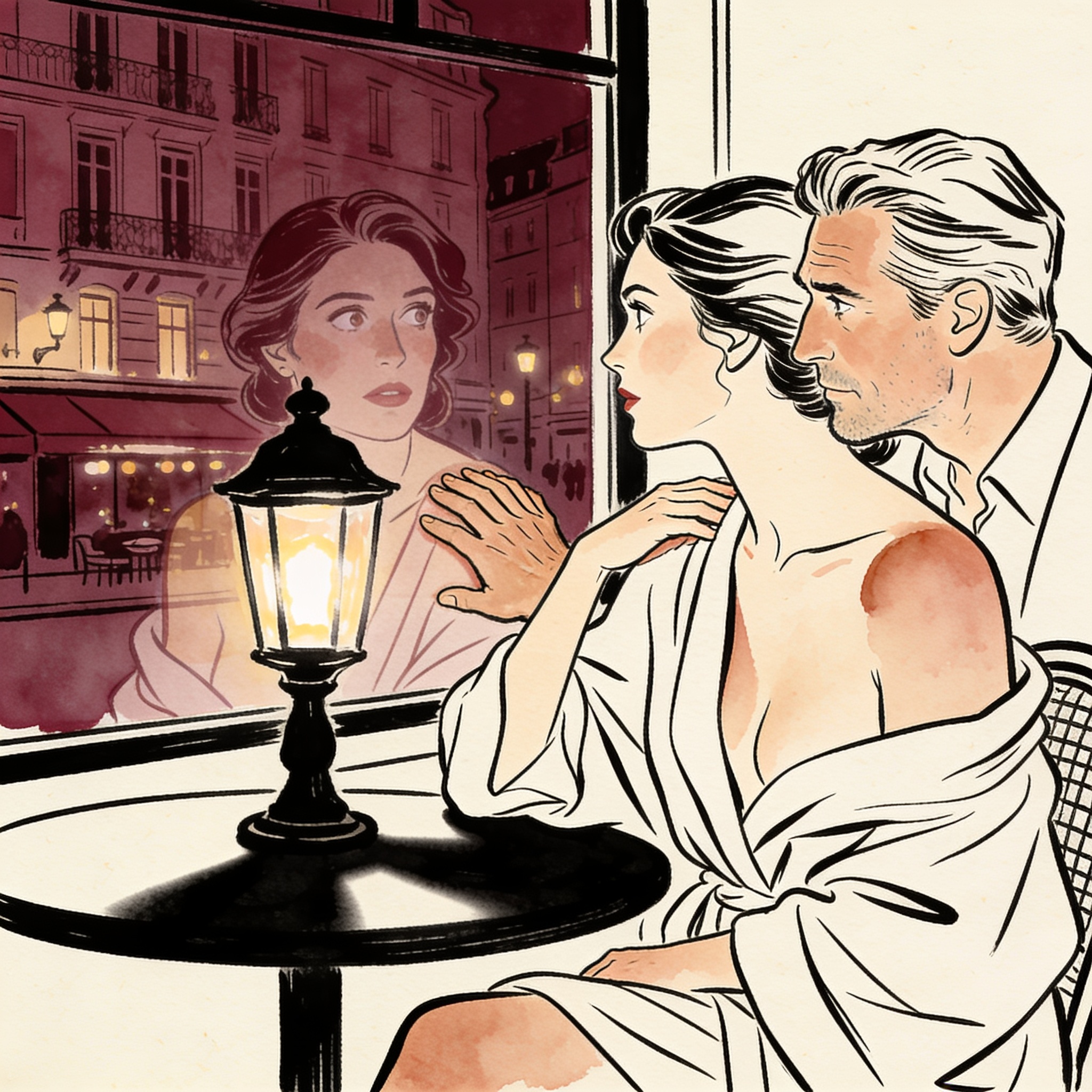 A woman watches a fantasy street, her husband's hand on her shoulder as he watches her ...