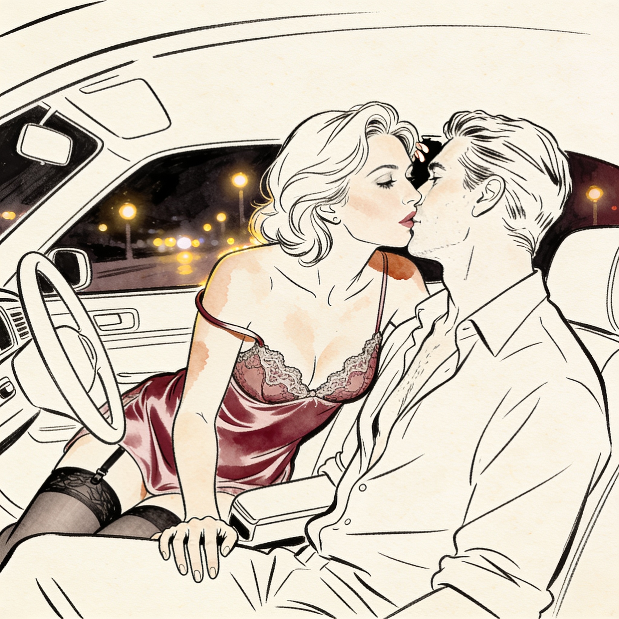 Woman whispers to man while touching his leg in a dark car.