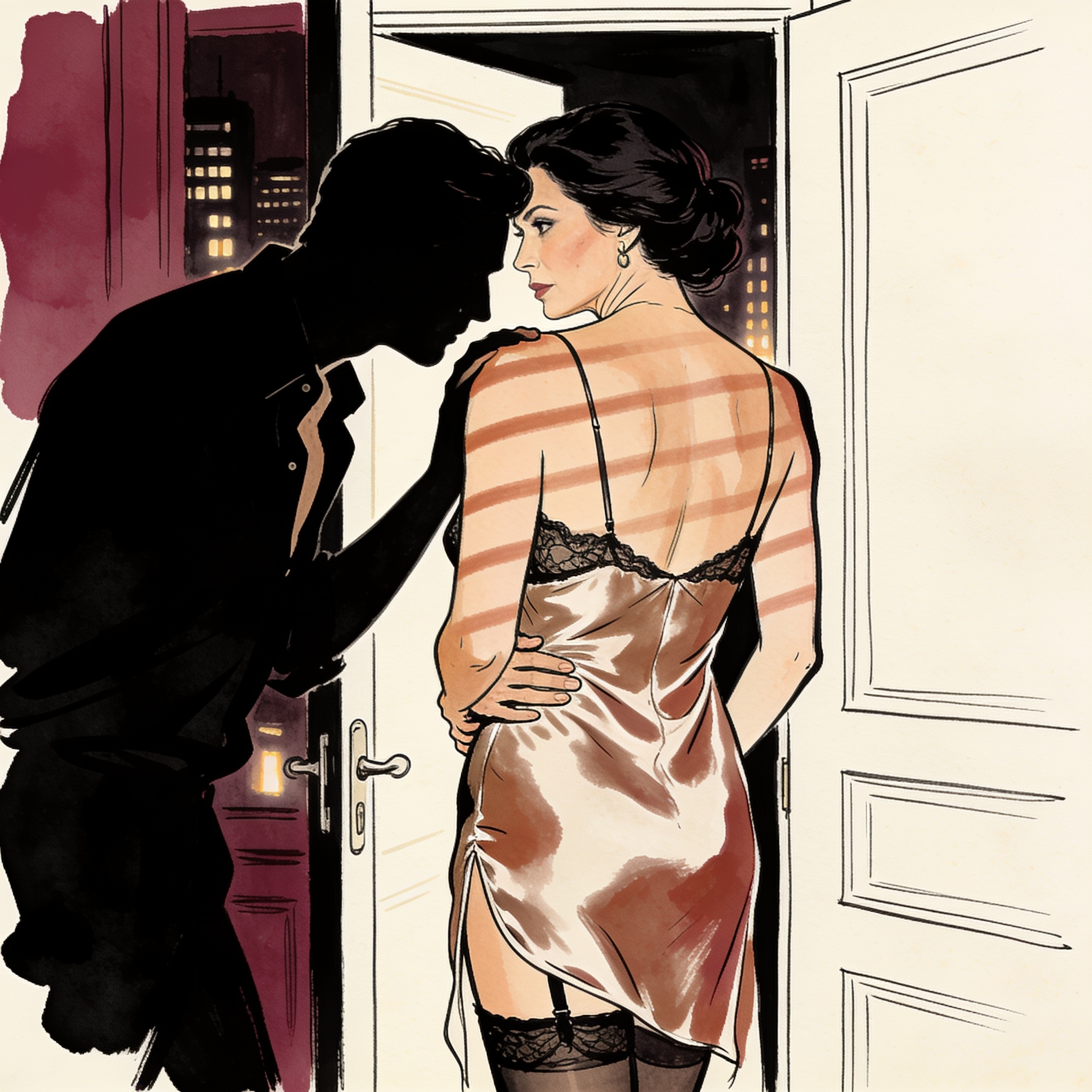 A couple in a hotel room, tense and close, sharing a silent, longing gaze.