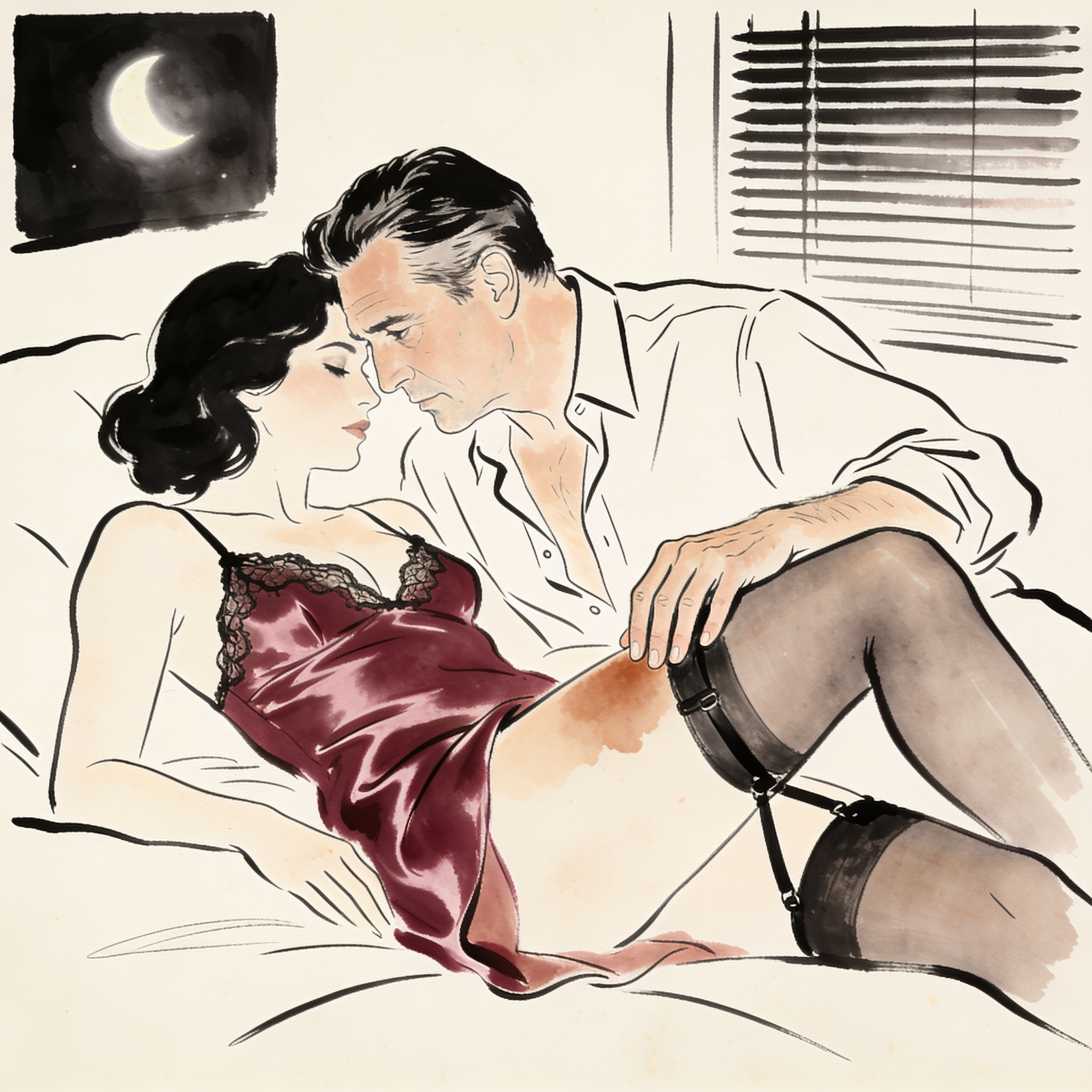 A man's hand hesitates above a woman's thigh as she sleeps, illuminated by moonlight.