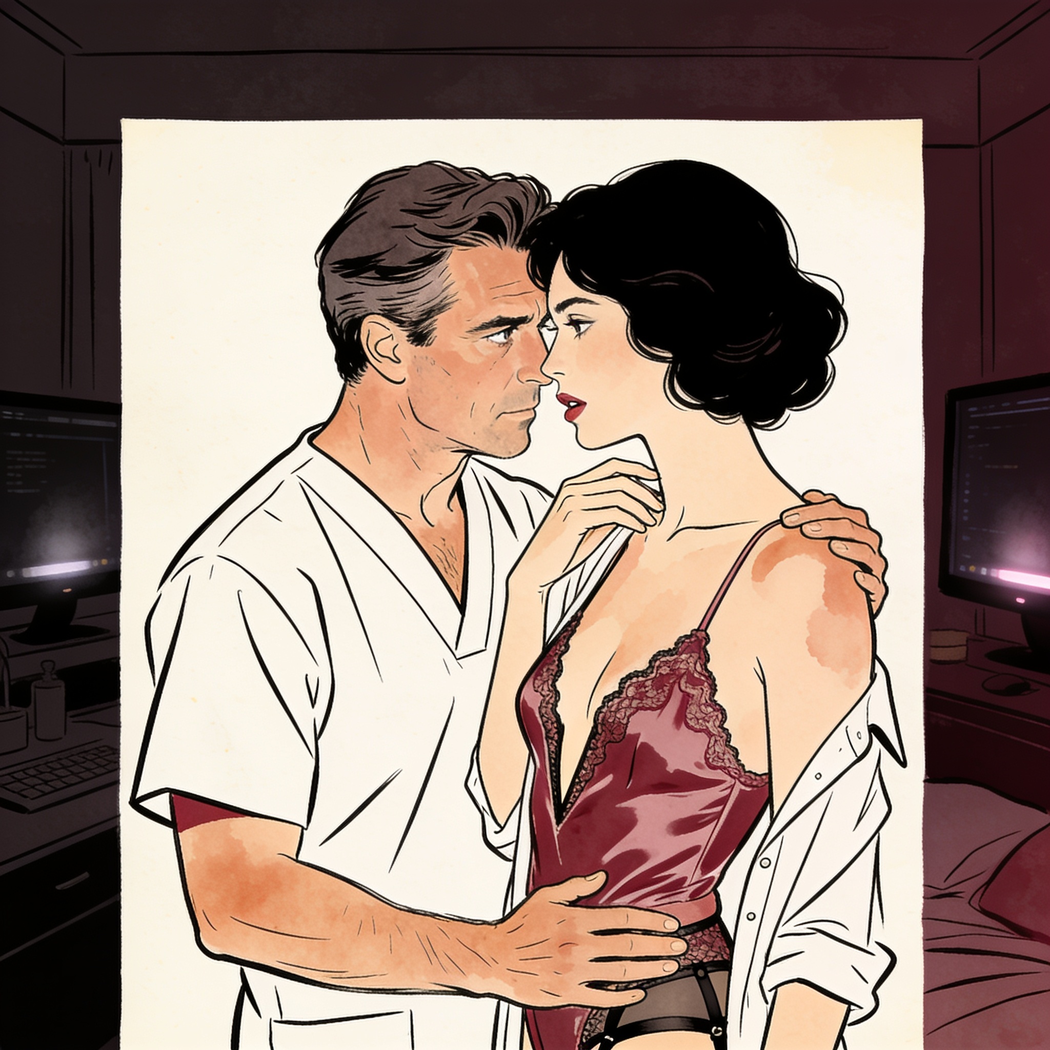 A nurse flushes as her patient's intense gaze meets hers in the dim hospital room.