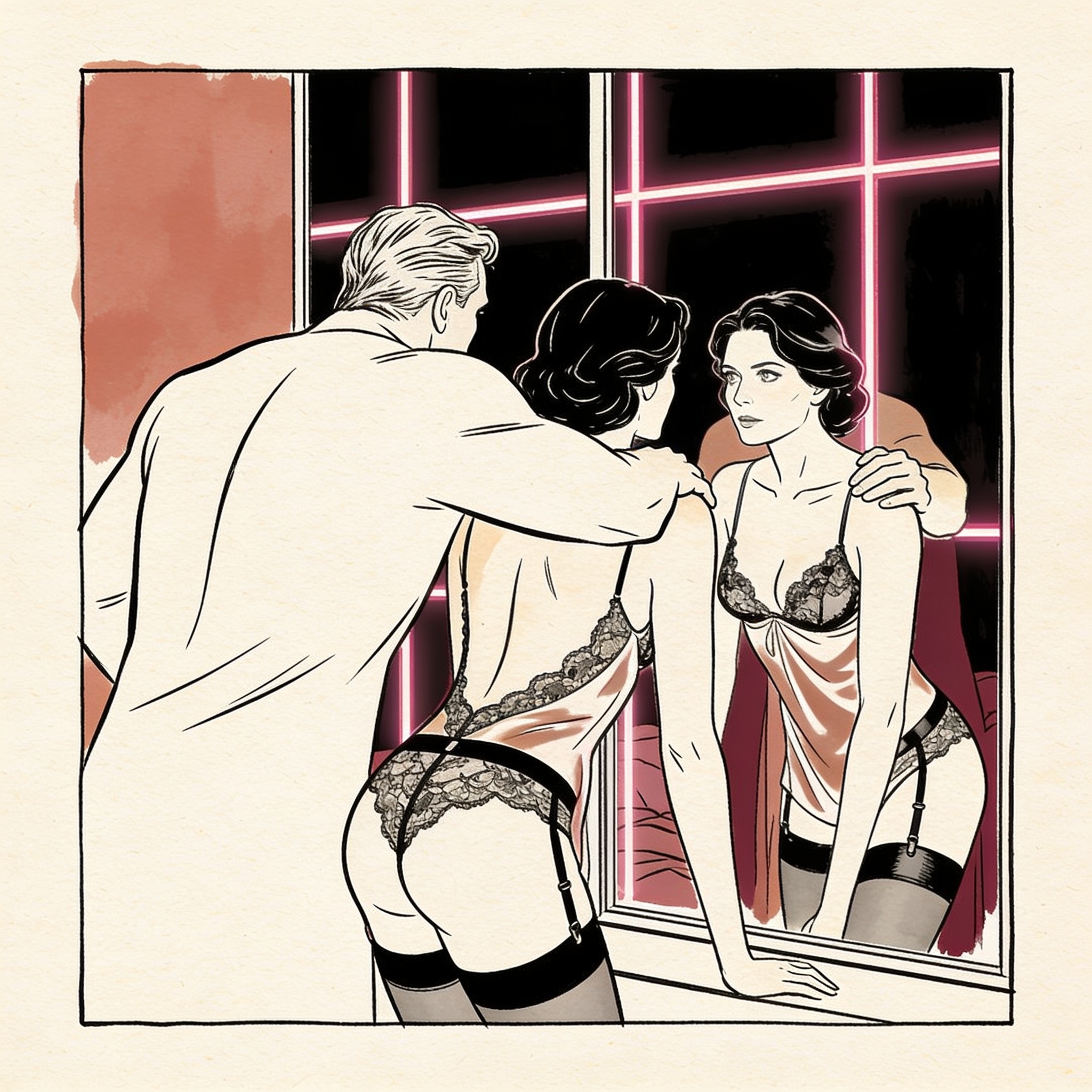 A woman in lace lingerie gazes at her reflection as a man stands close behind her.