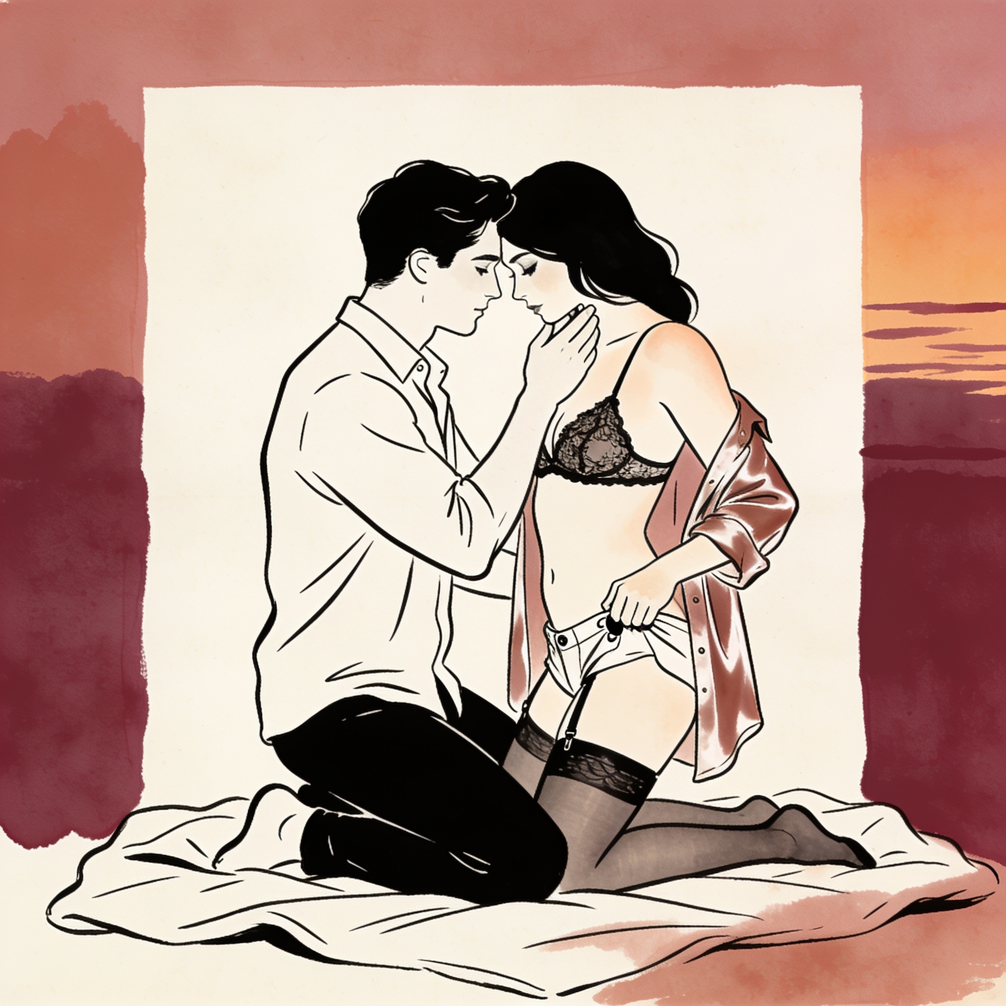 A couple's intimate moment on a beach blanket at dusk, hands touching, gaze intense.