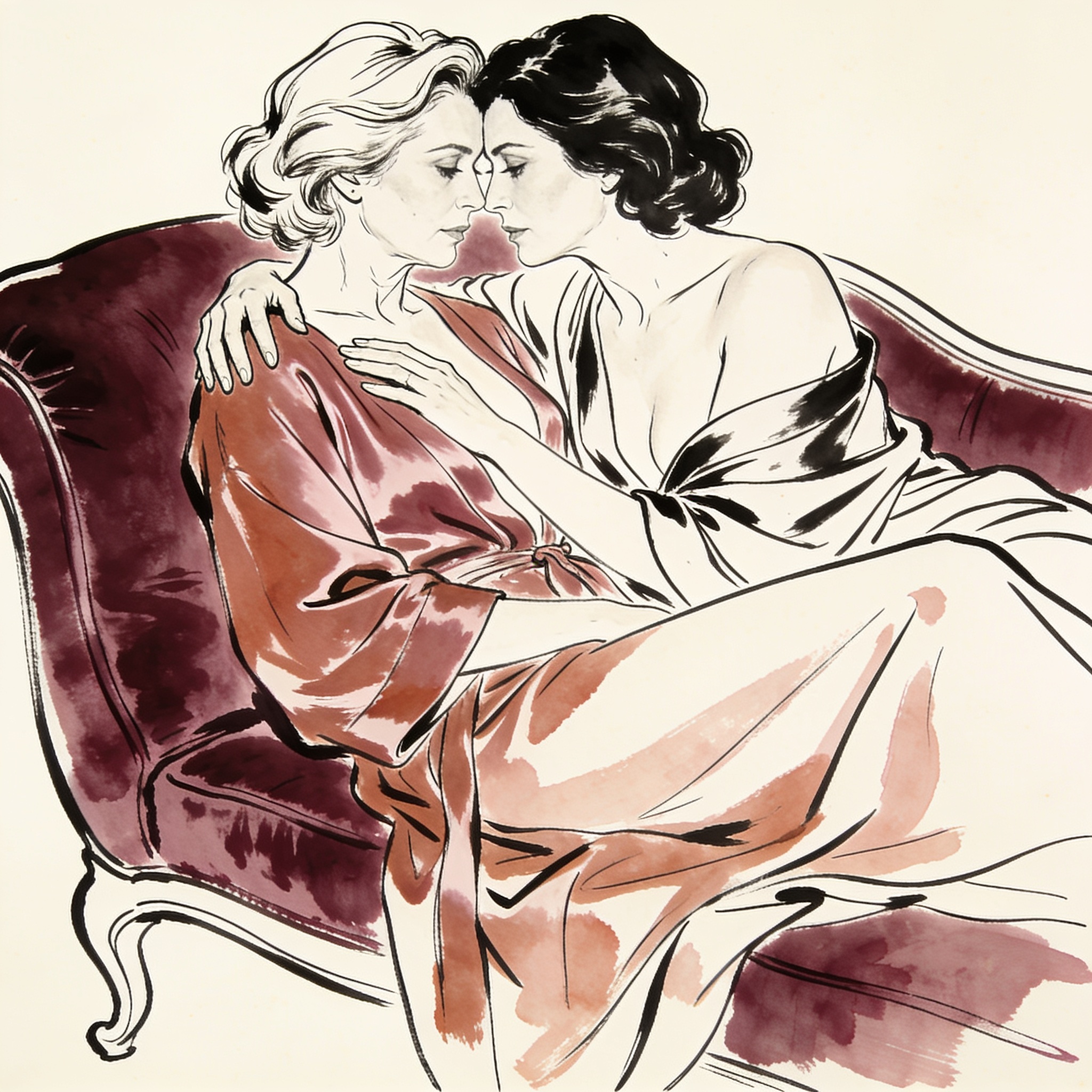 Illustration of two women sharing an intimate, longing gaze, foreheads touching.
