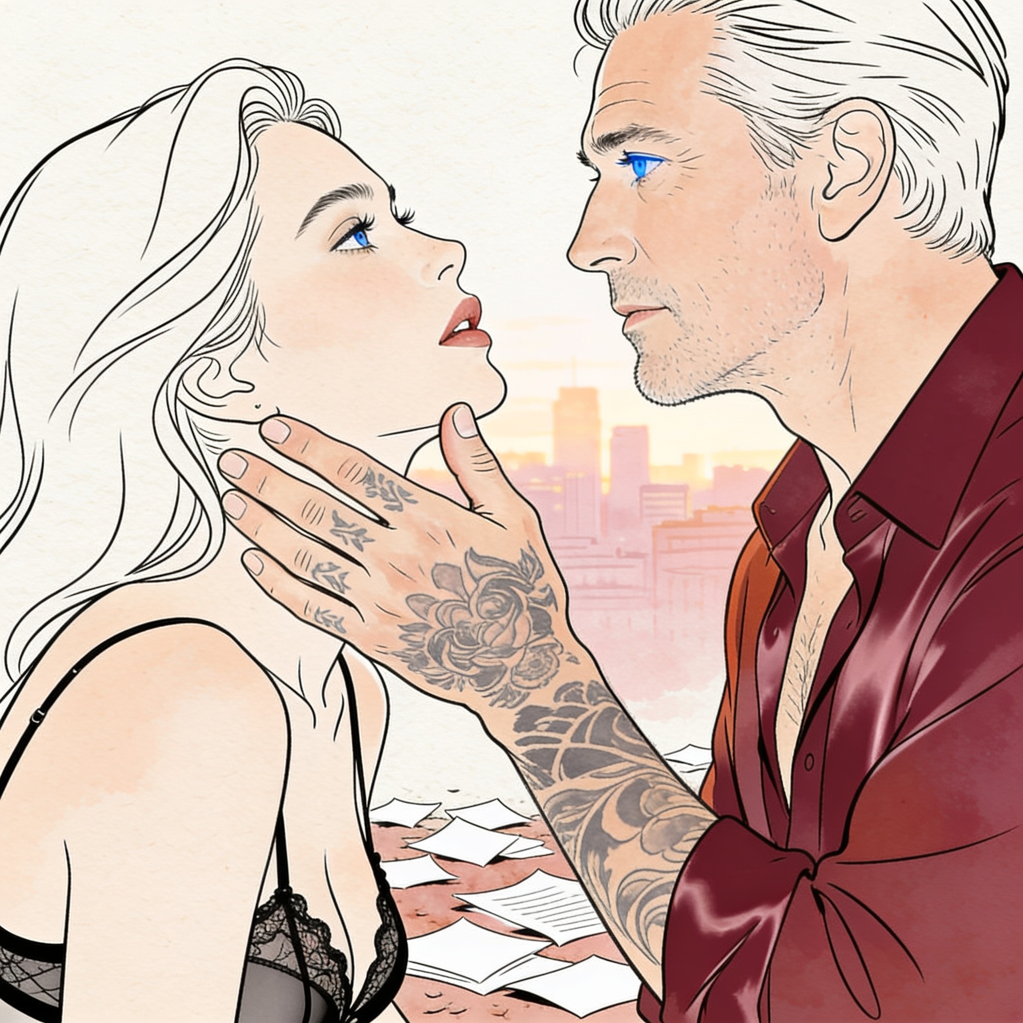 A man cups a woman's face, their intense gazes locked as her papers fall around them.