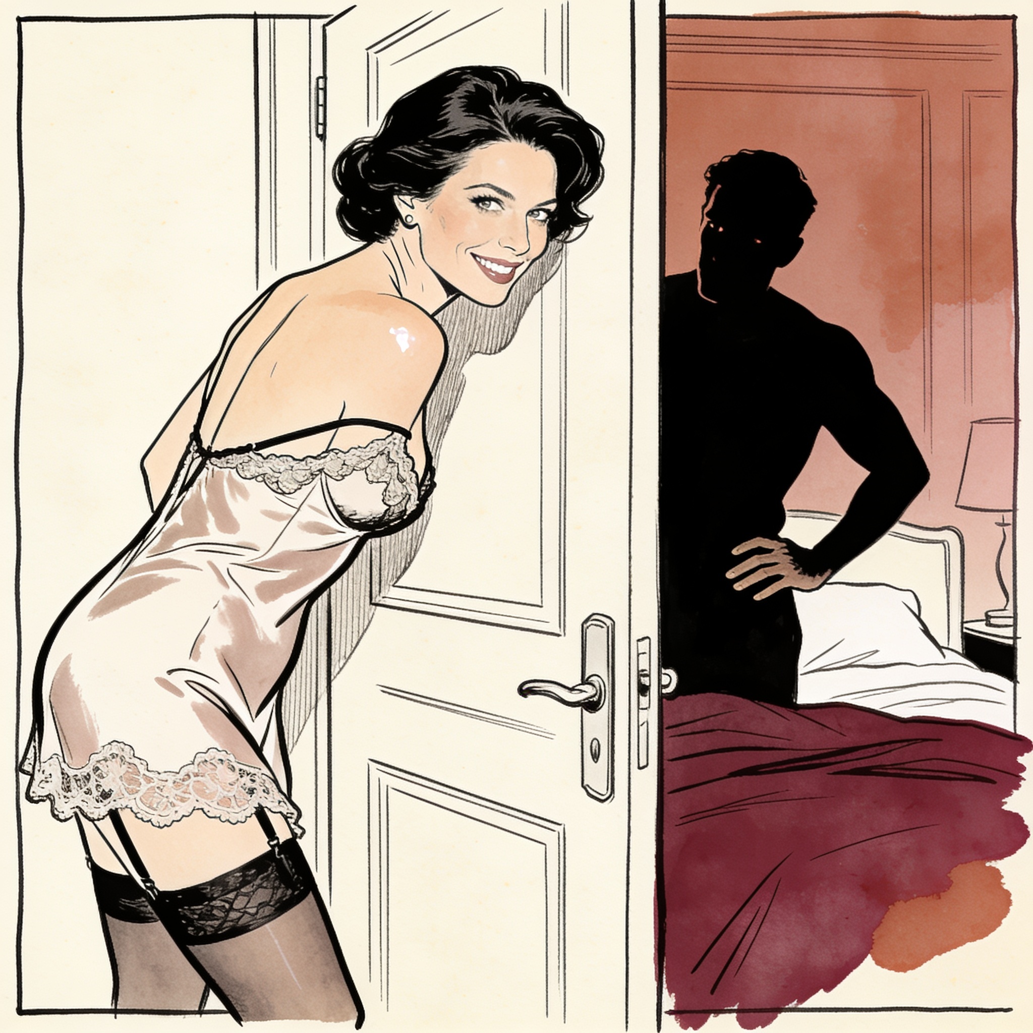 Woman in slip glances back with a knowing smile, a man’s silhouette waits on the bed be...