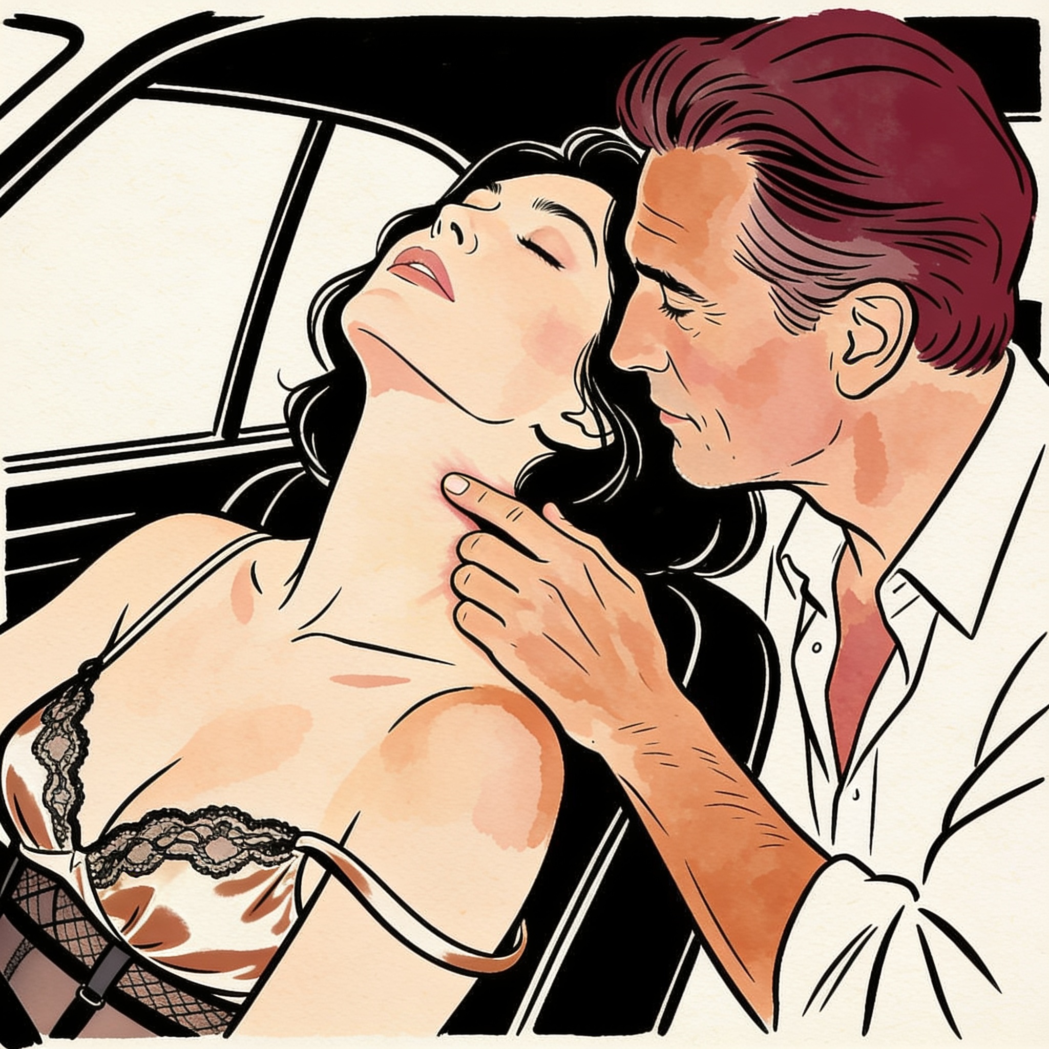 Close-up in a car: a man's hand rests on a woman's bare shoulder, faces near.
