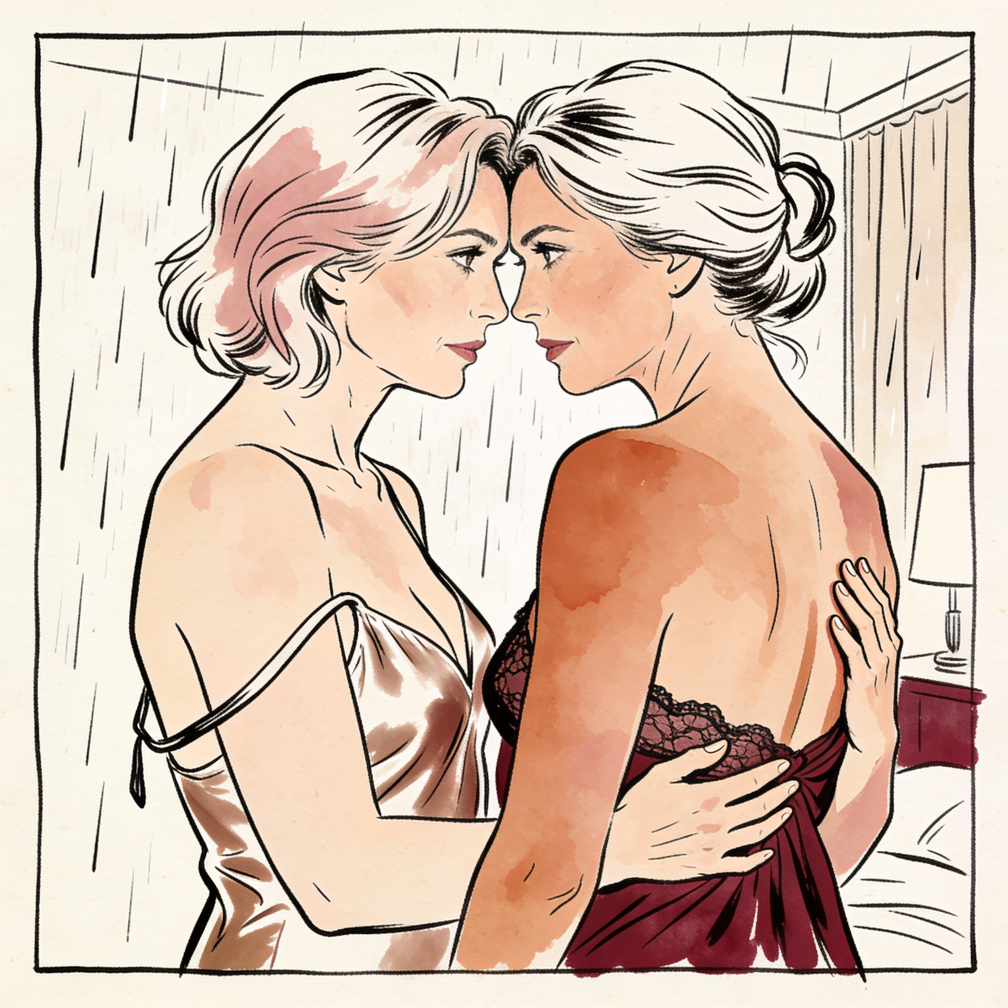 Two women in an intimate embrace, foreheads touching in a softly lit room.