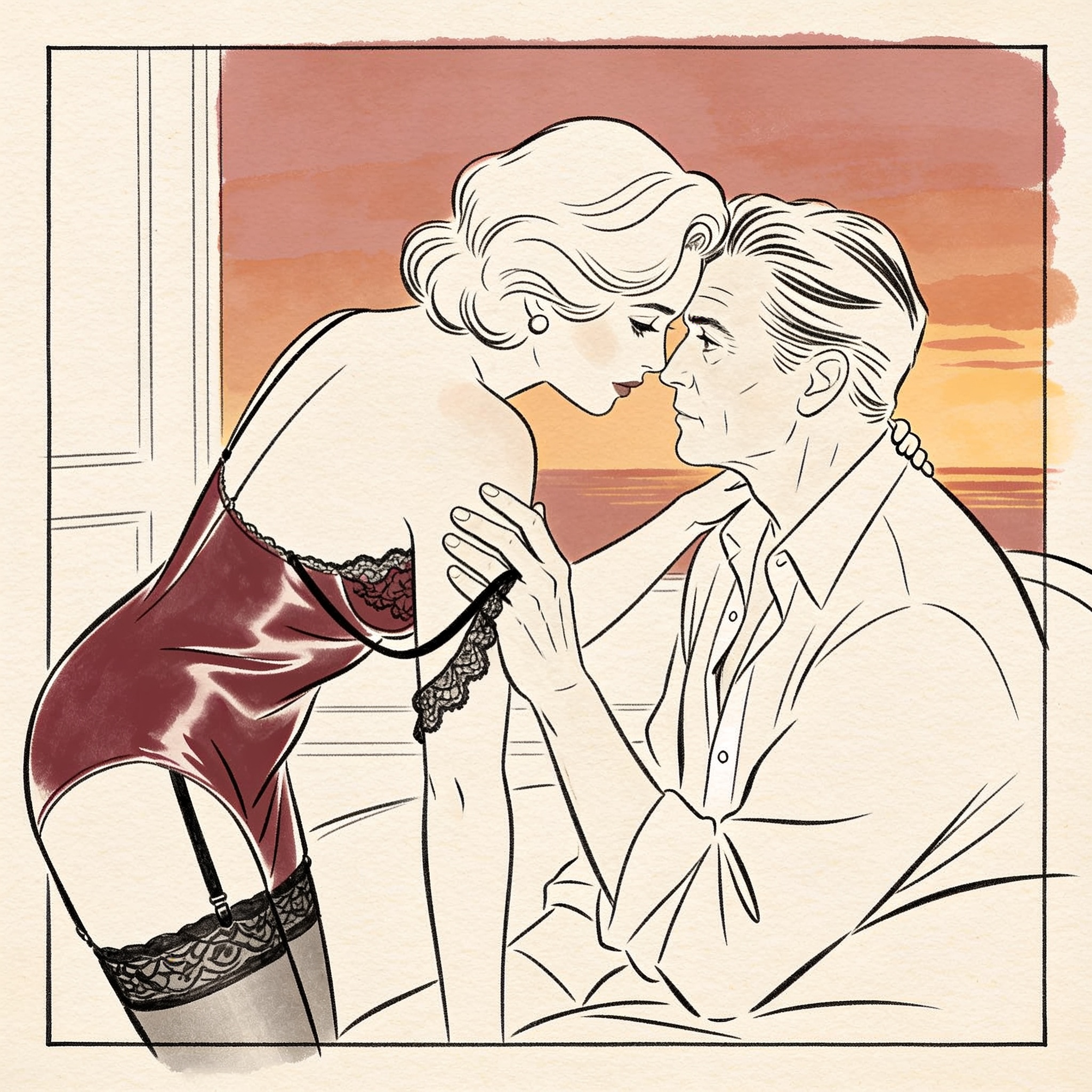 Two women in intimate apparel lean close, foreheads almost touching in a sunset-lit room.