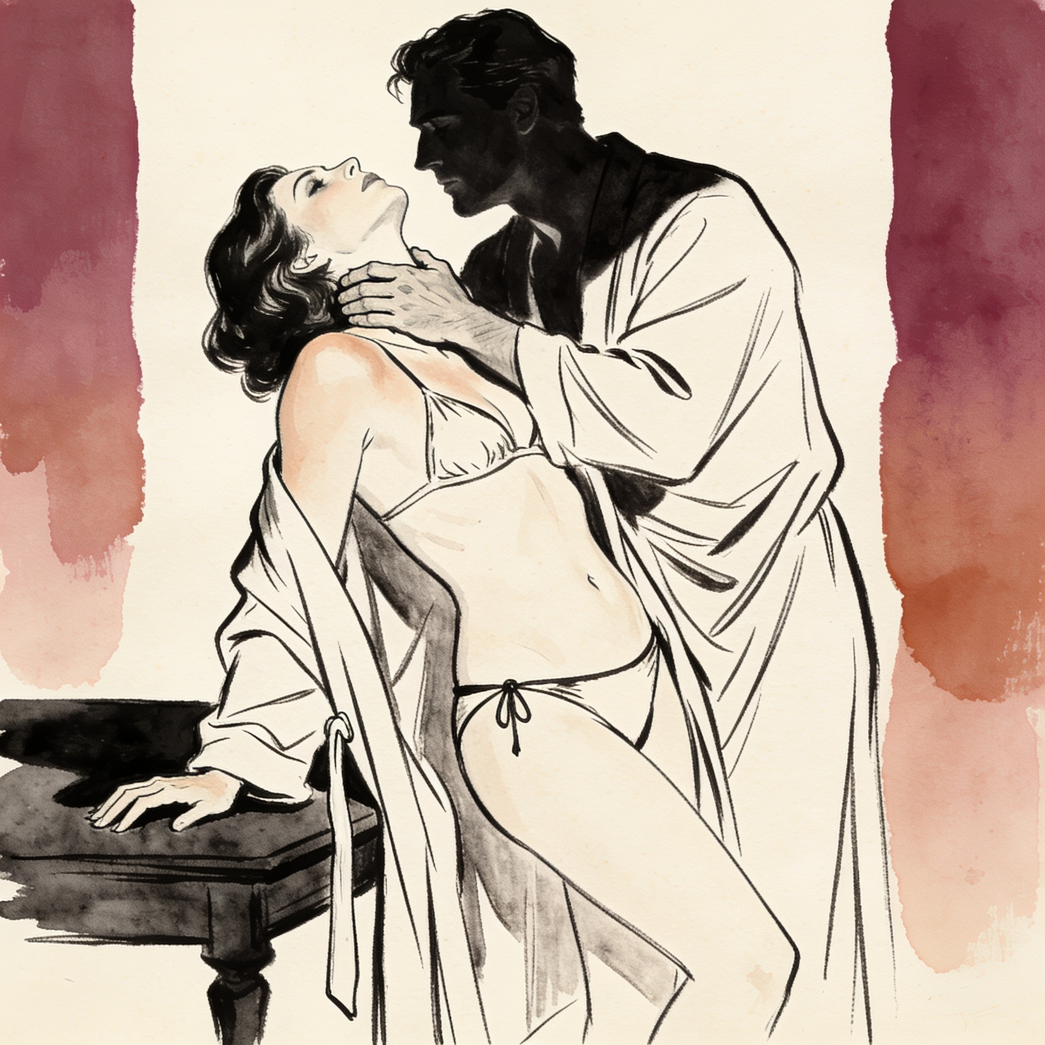 A woman defies a man gripping her neck in a dim, tense boudoir scene.