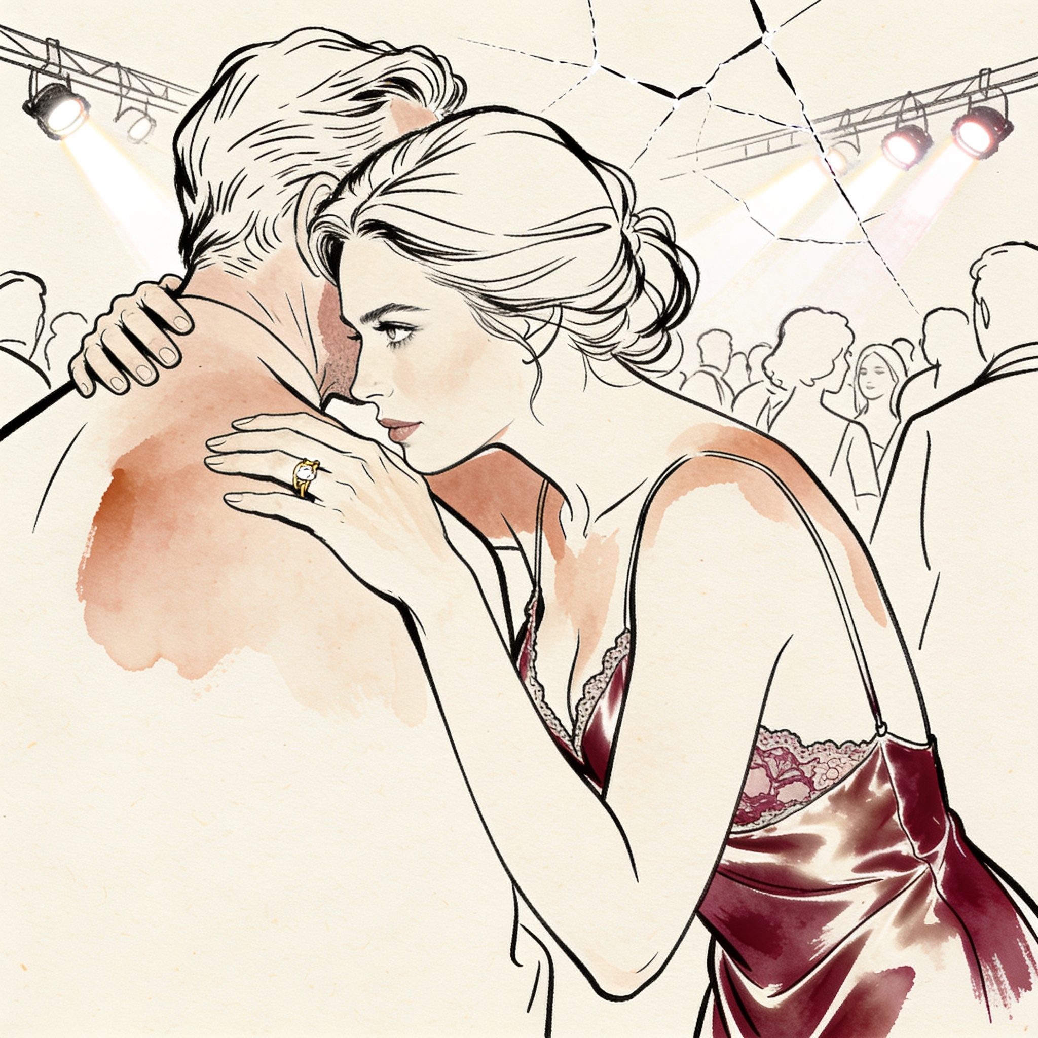 A couple shares an intimate moment on a dance floor, foreheads touching under strobe li...