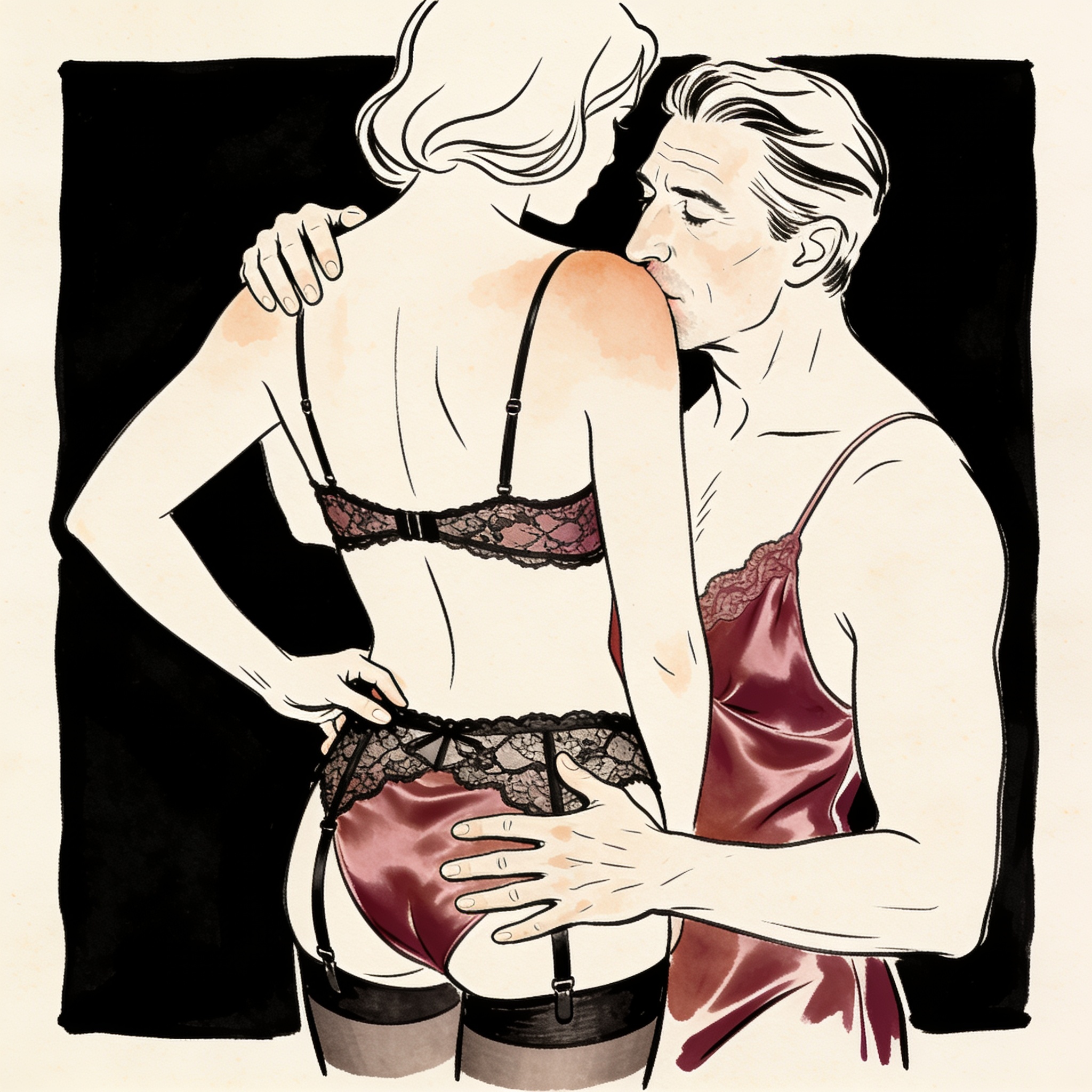 A couple in intimate silhouette, his lips on her shoulder, hands resting on her lingerie.