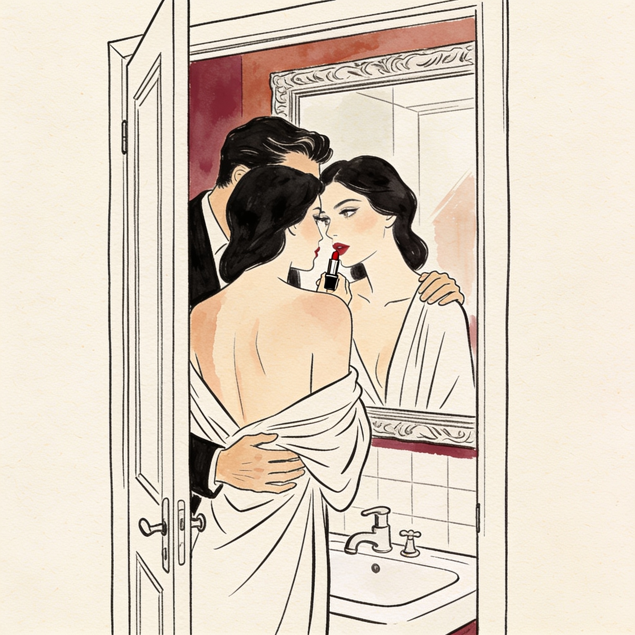 A man and a woman share a charged gaze in a bathroom mirror, her robe slipping off one ...