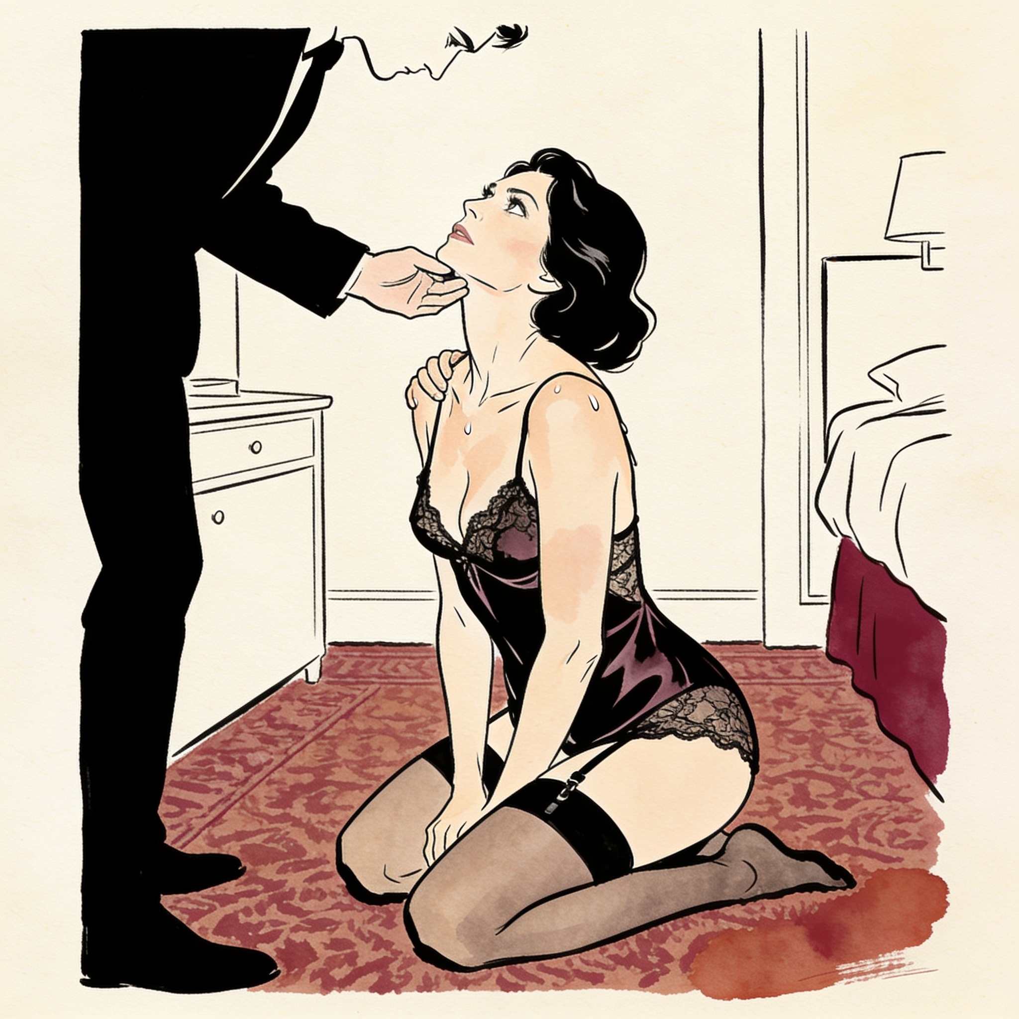 Line art of a kneeling person in lingerie, their chin lifted by a dominant figure's hand.