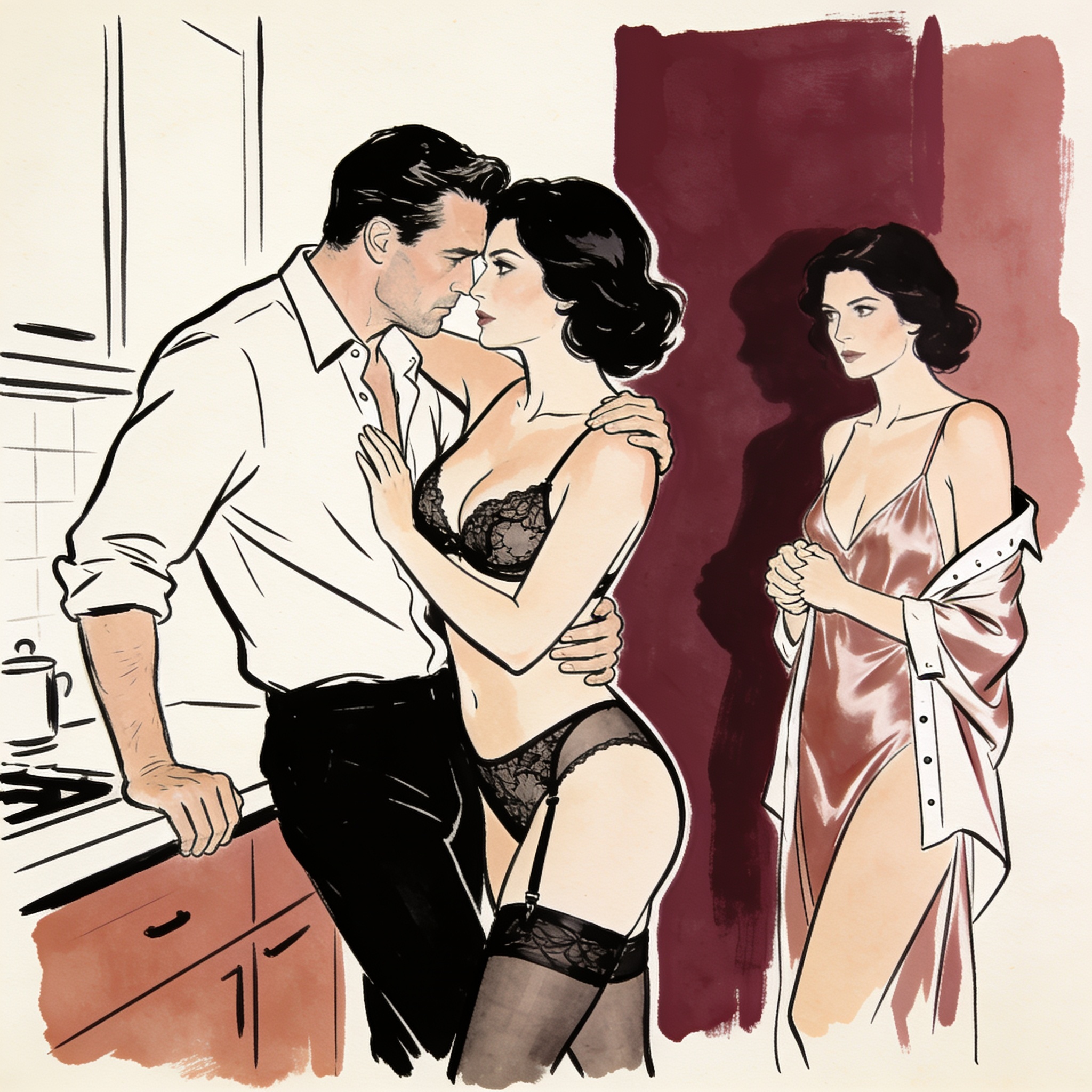 A man between two women in lingerie, one bold and one shy, in a dim city apartment.