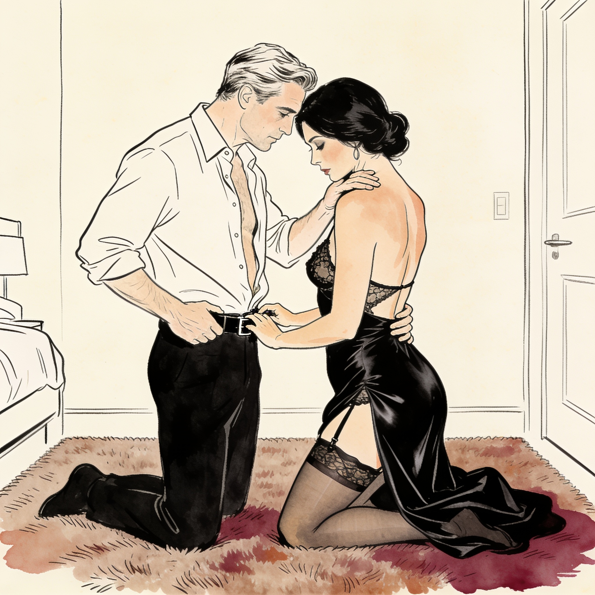 A woman kneels before a man, her dress pooled around her, as he tilts her chin up.