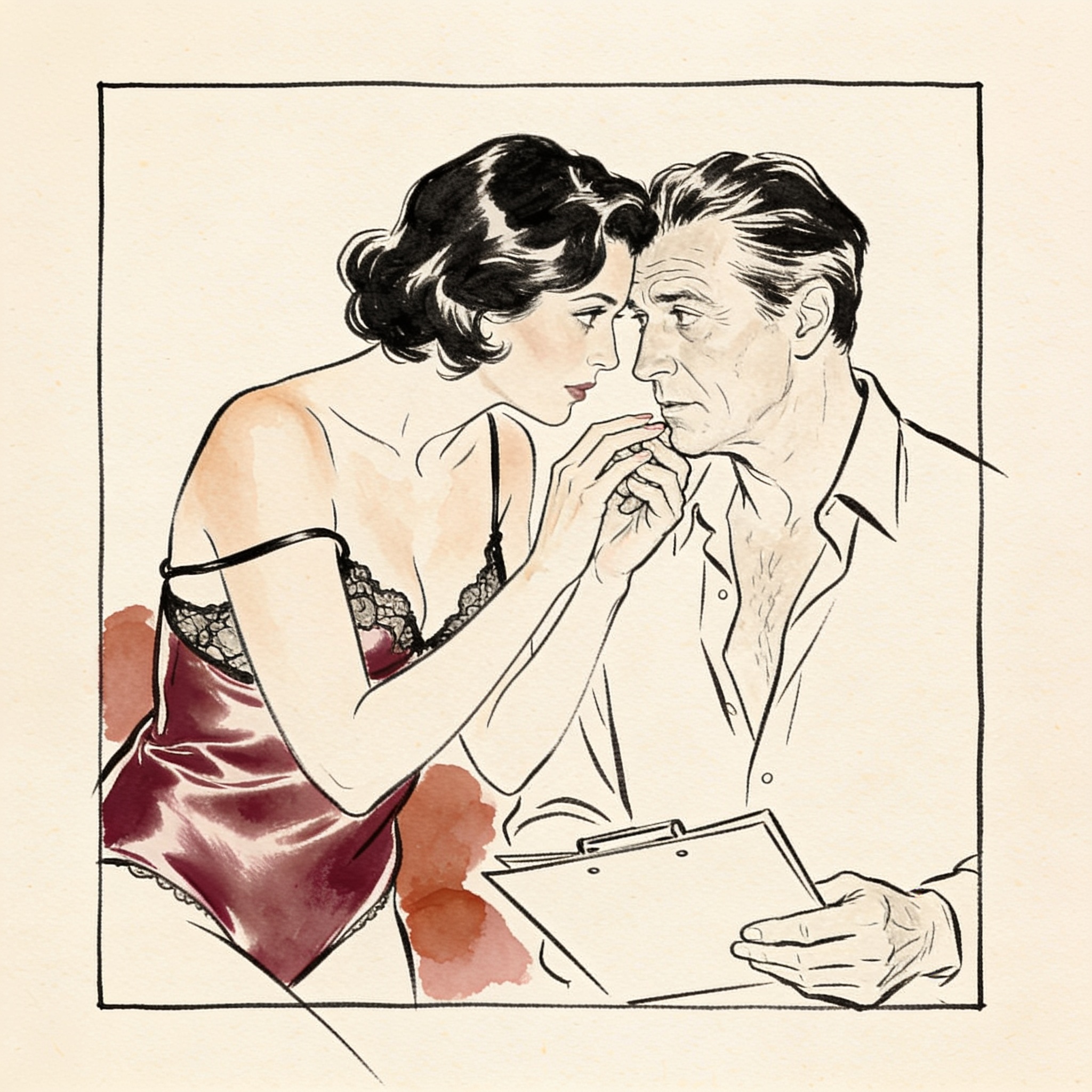 A man and woman in an office, bodies close, her shoulder bare, a tense, longing gaze.