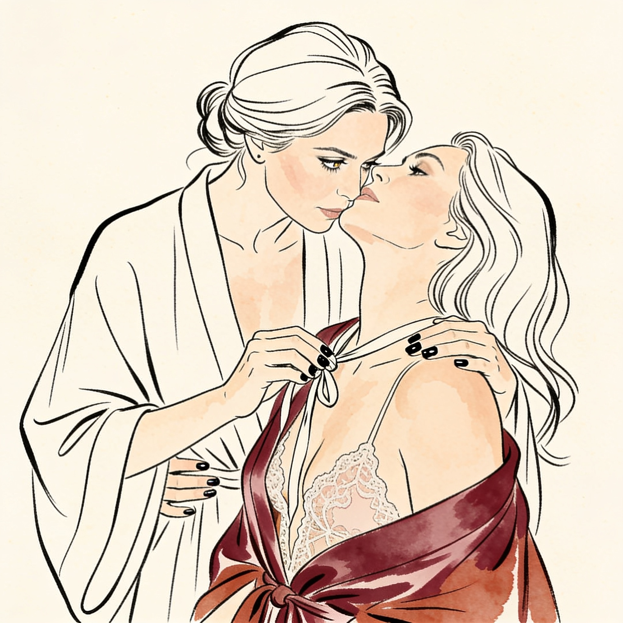 A woman unties another woman's robe in a dim kitchen, revealing lingerie beneath, their...