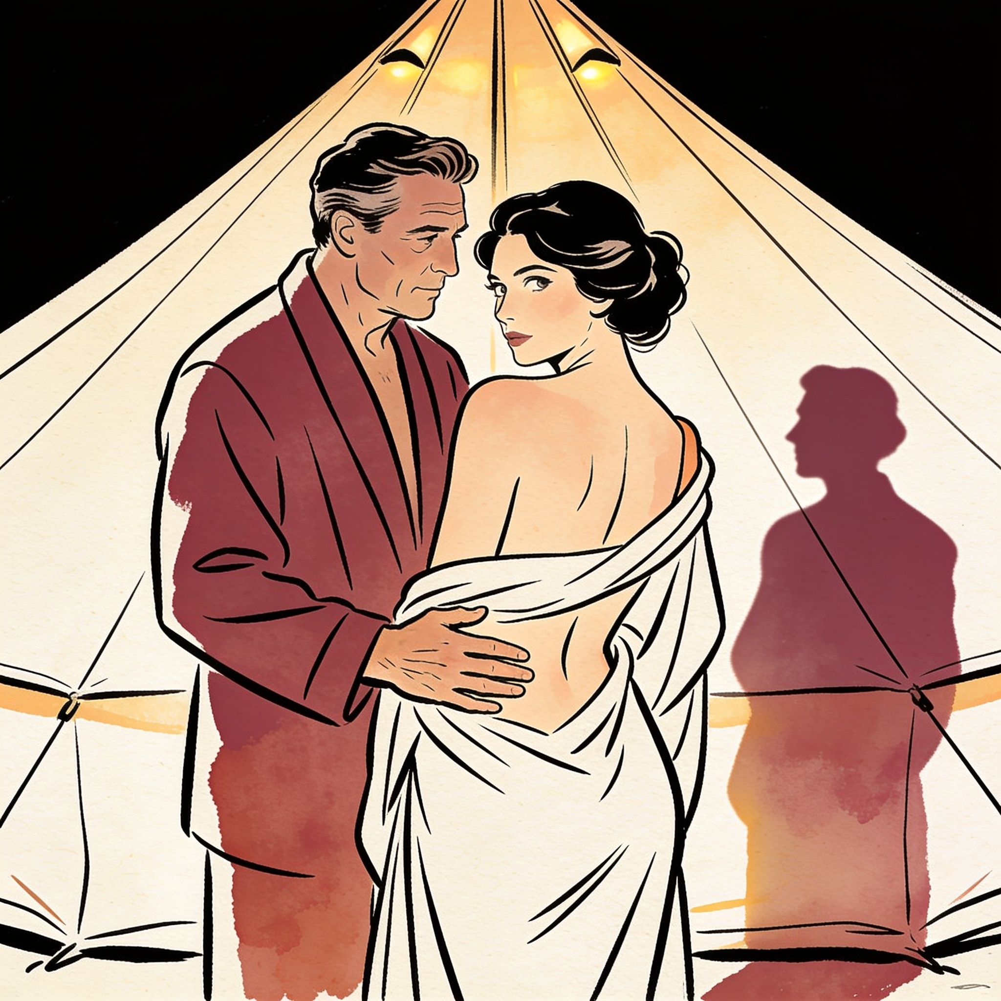 Silhouettes on a tent wall, a hand on a bare back, a longing look outward.