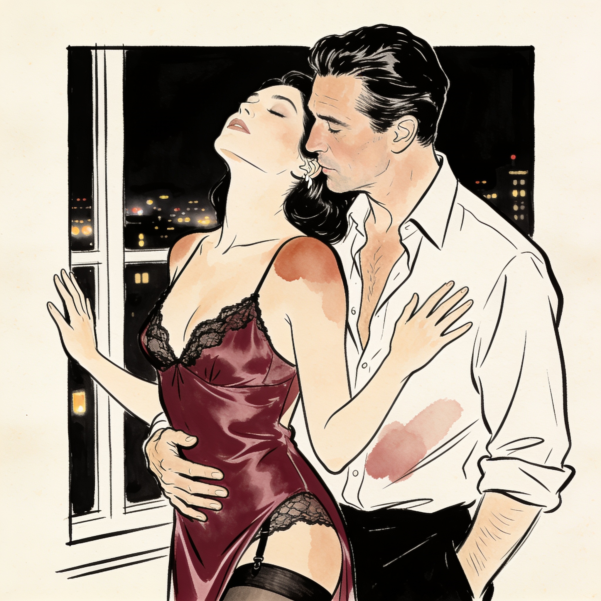 A man whispers to a woman in a dark hotel suite, his hand on her silk hip.