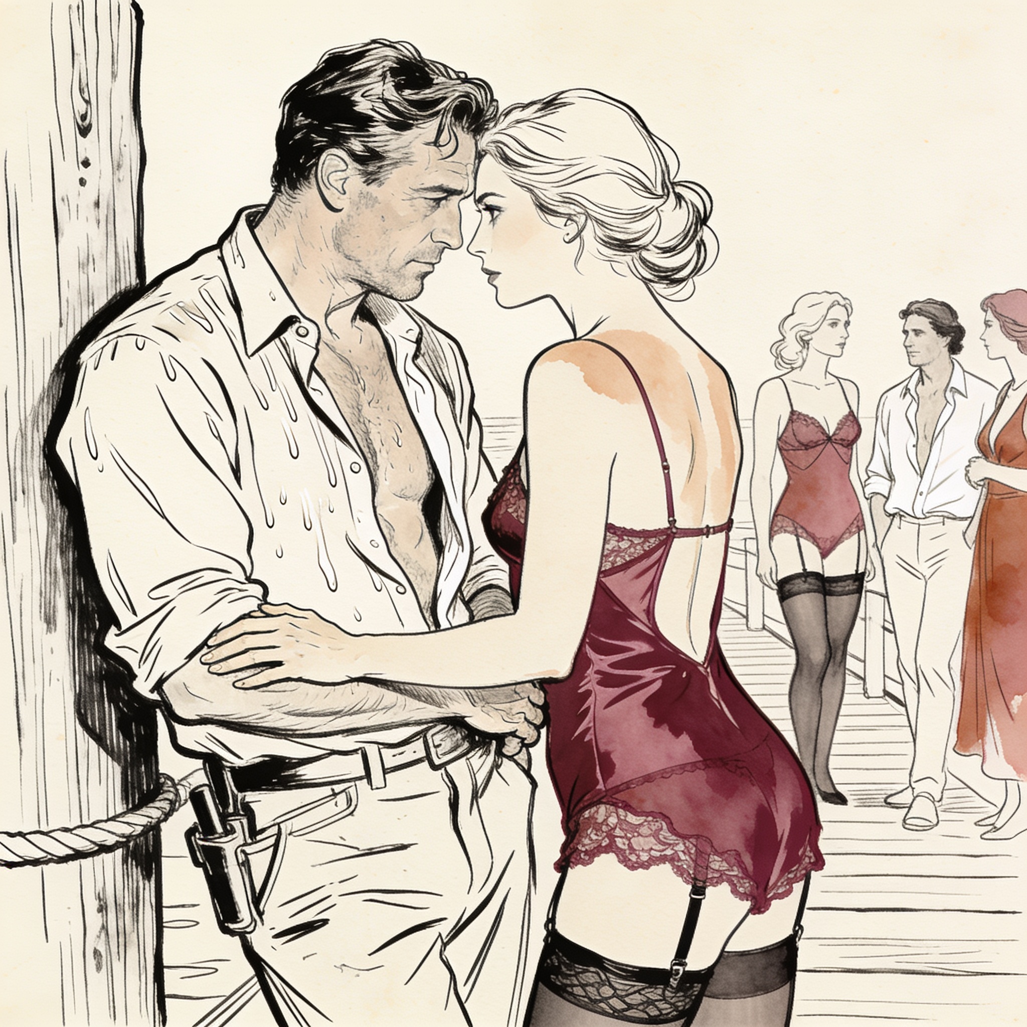 Line art of a sweaty man and a woman sharing an intimate, longing look on a wooden deck.