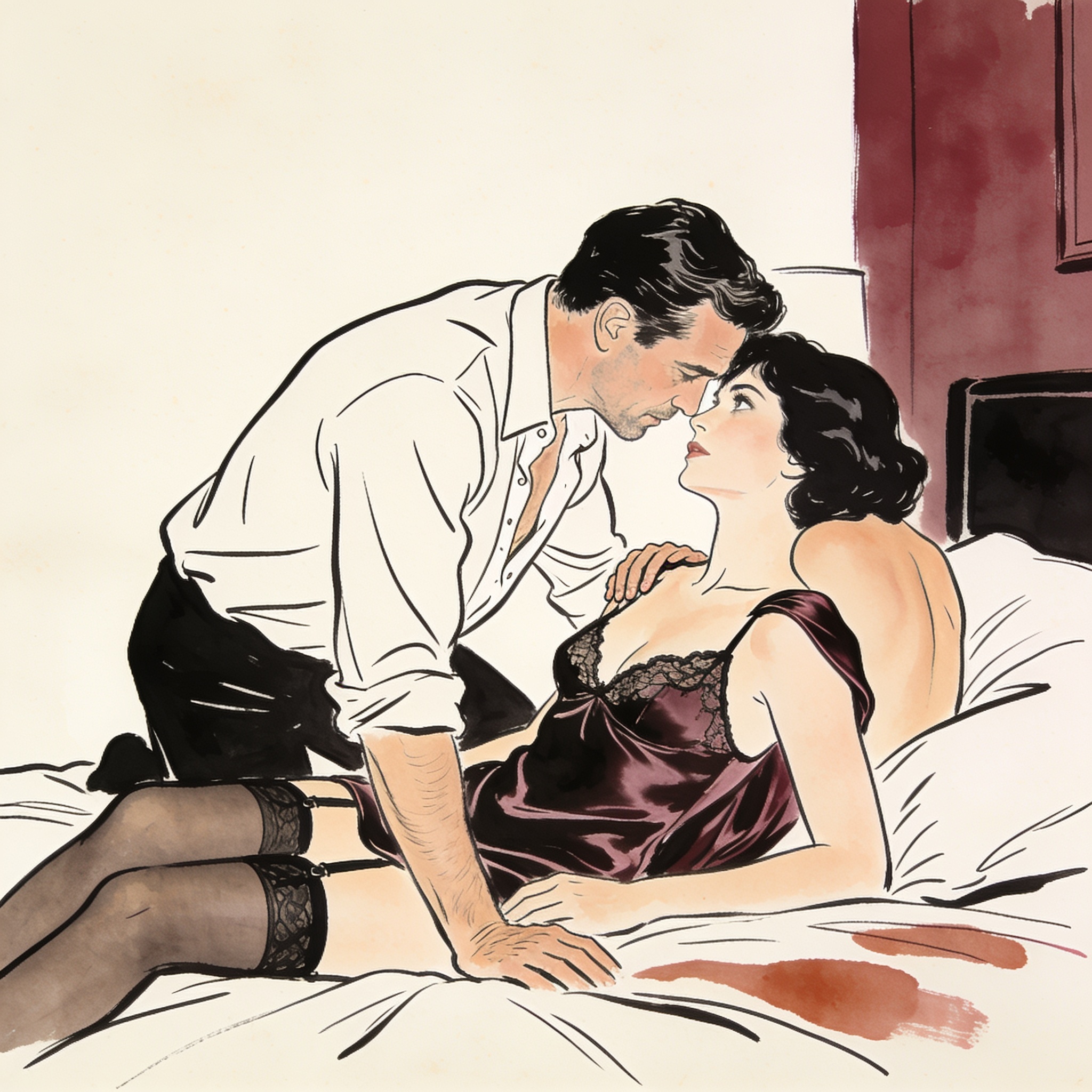 Man and woman in hotel room, foreheads close, her silk slip strap fallen.