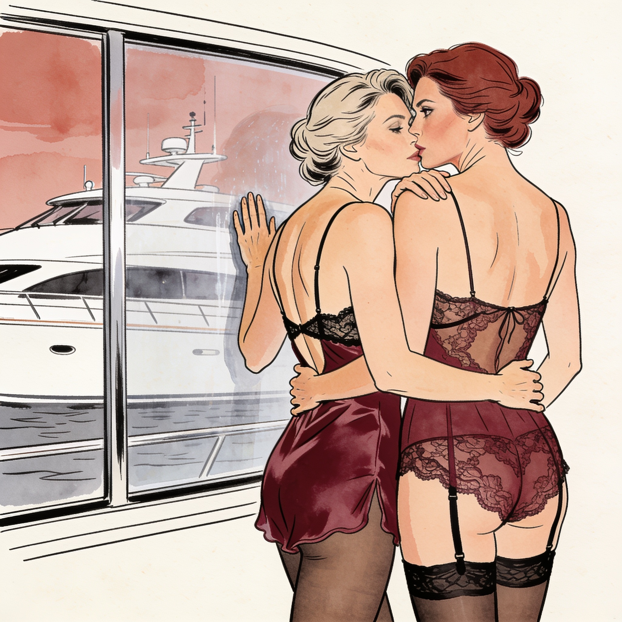 Two women in lace lingerie share an intimate, charged moment before a yacht window at n...