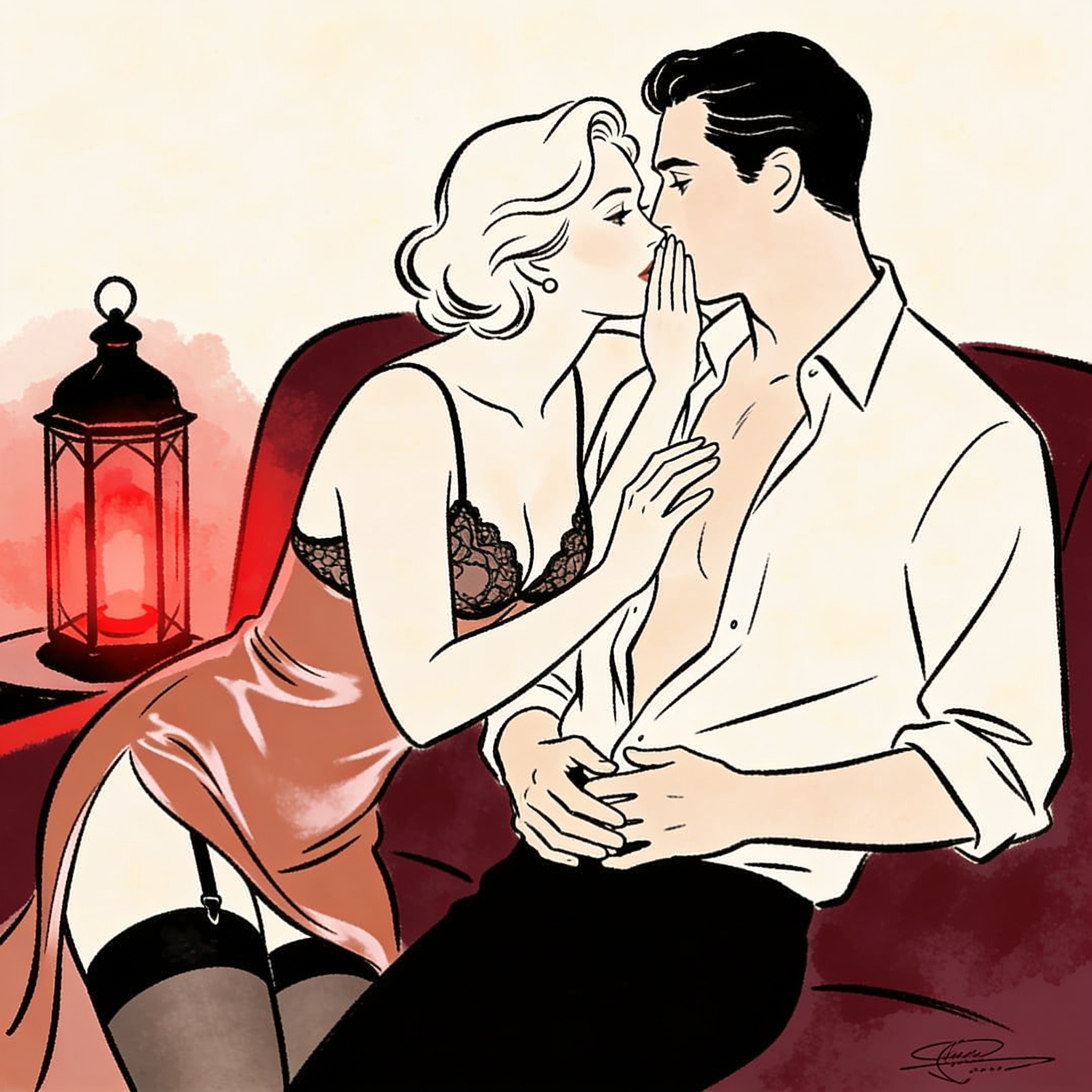Couple in dim lounge, woman whispering to man's ear, fingers curled in his shirt.
