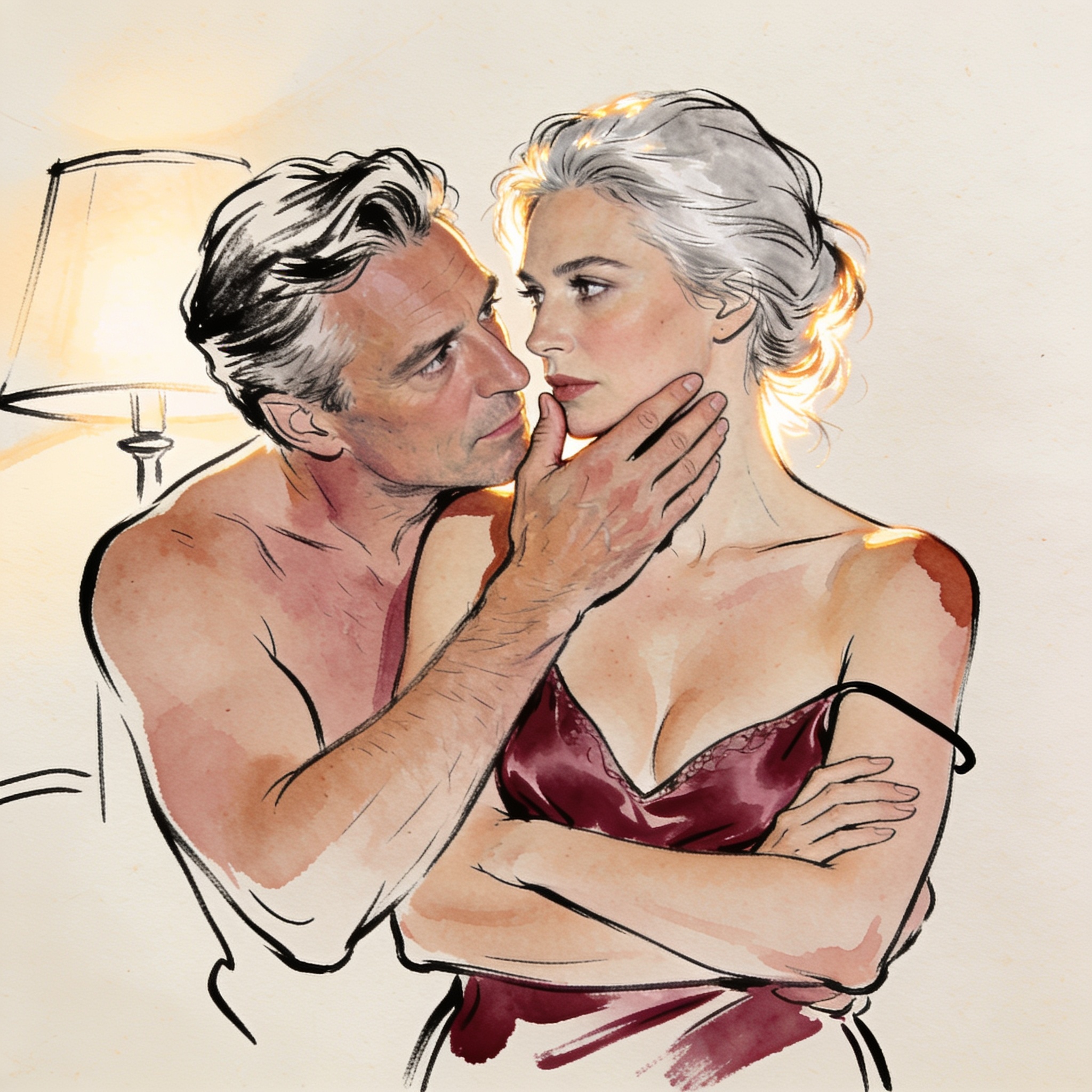 Close-up of a couple in an intimate moment, his hand on her face, her camisole strap fa...