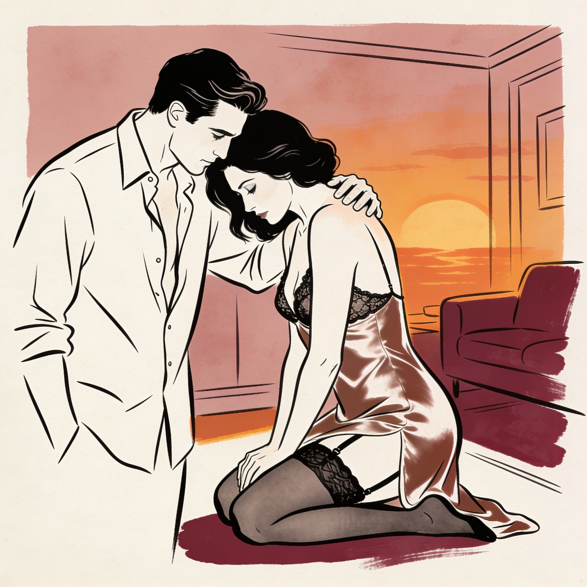 A line-art illustration of a man and woman in an intimate, charged moment at sunset.