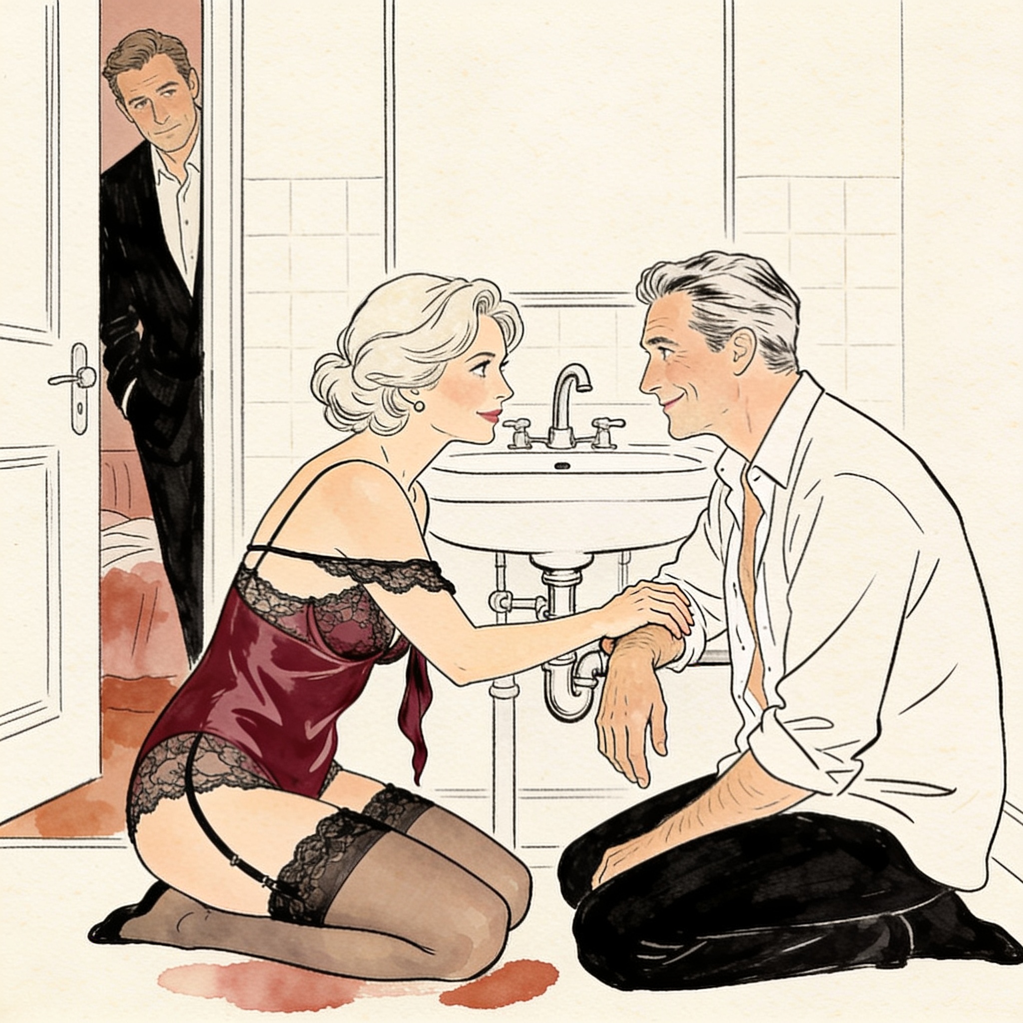 A man and woman kneel close together in a kitchen, sharing an intimate, charged glance.