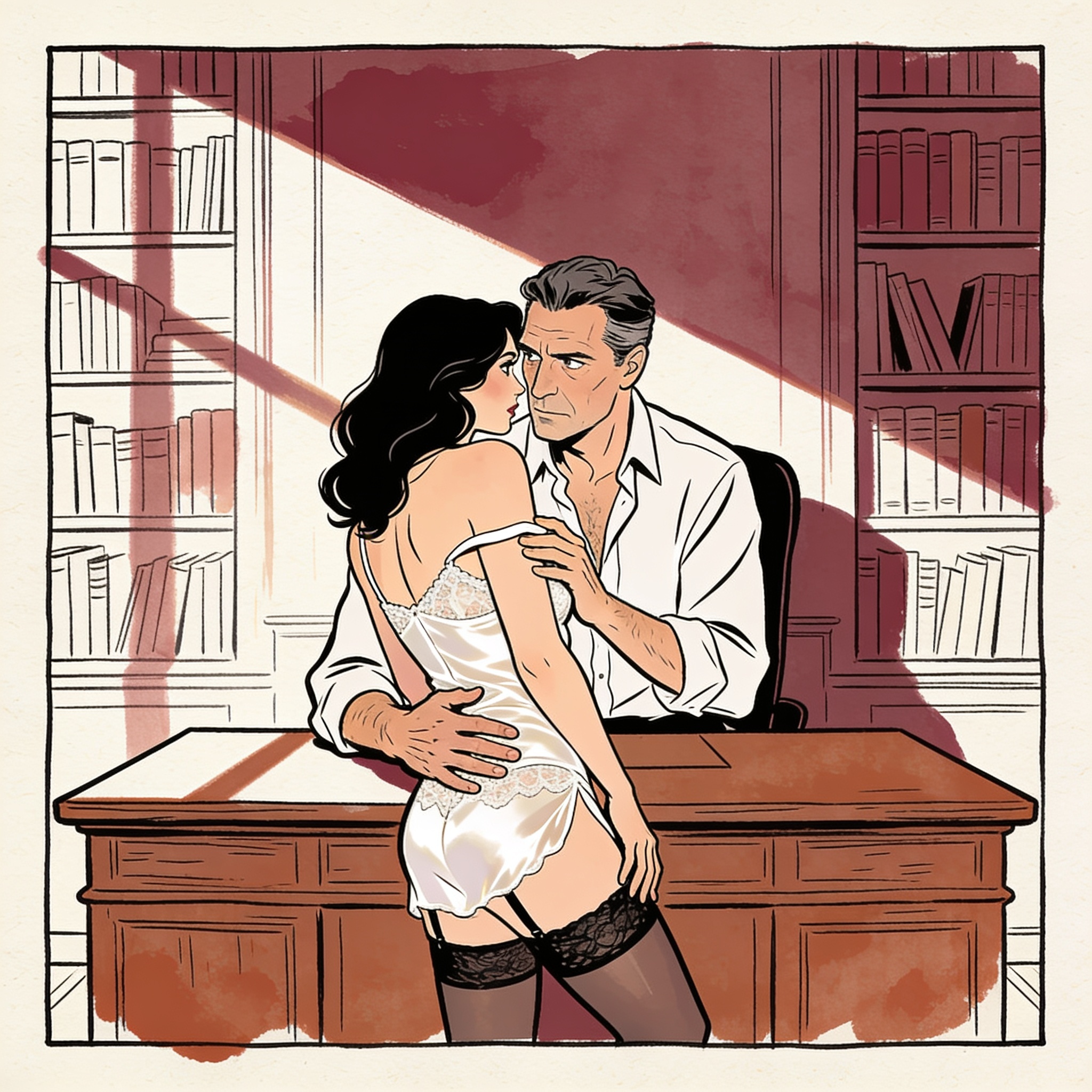 A man touches a woman's hip as she leans toward him in an office, her camisole strap sl...