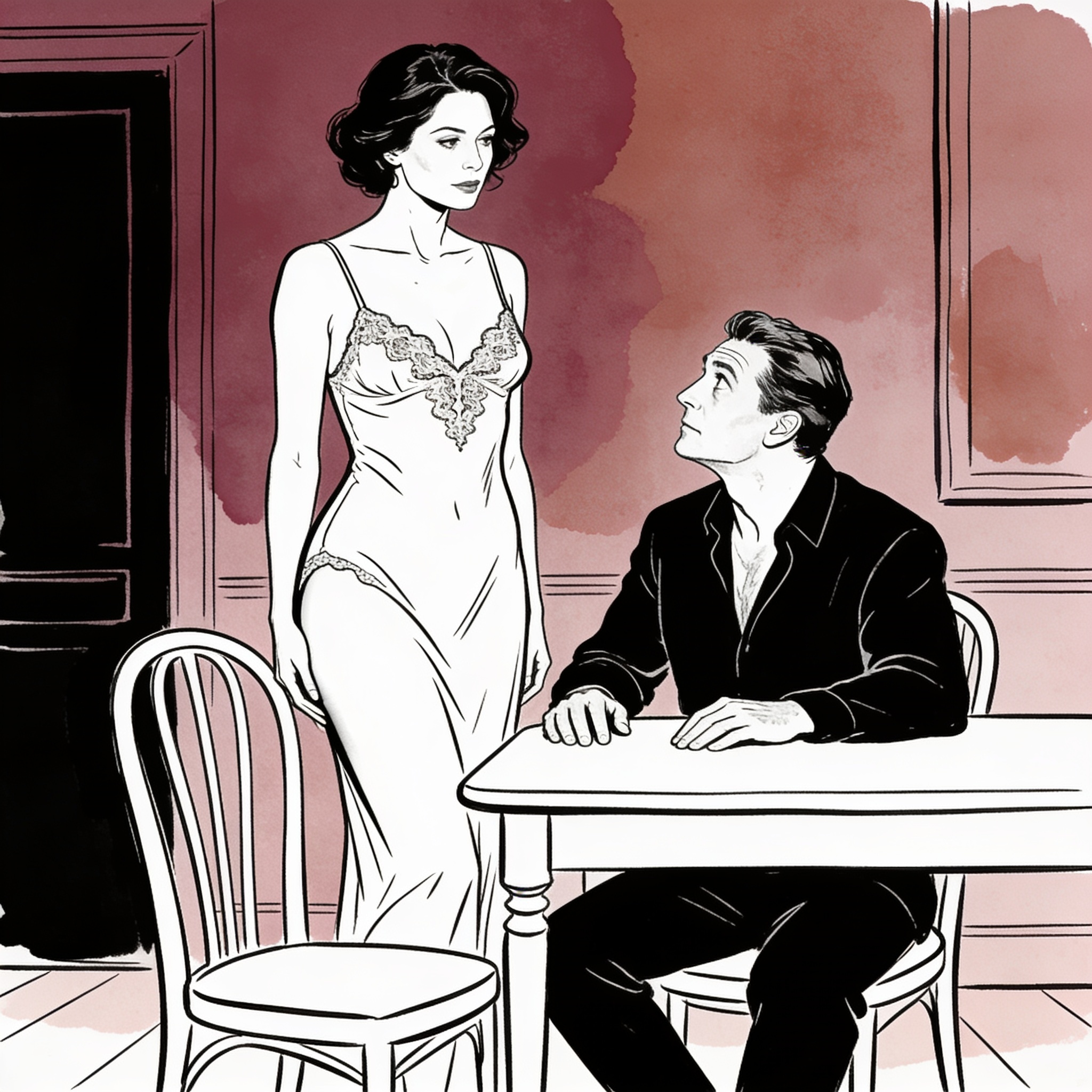 Man's intense gaze rests on a woman's silhouette in a slip dress during a quiet dinner.
