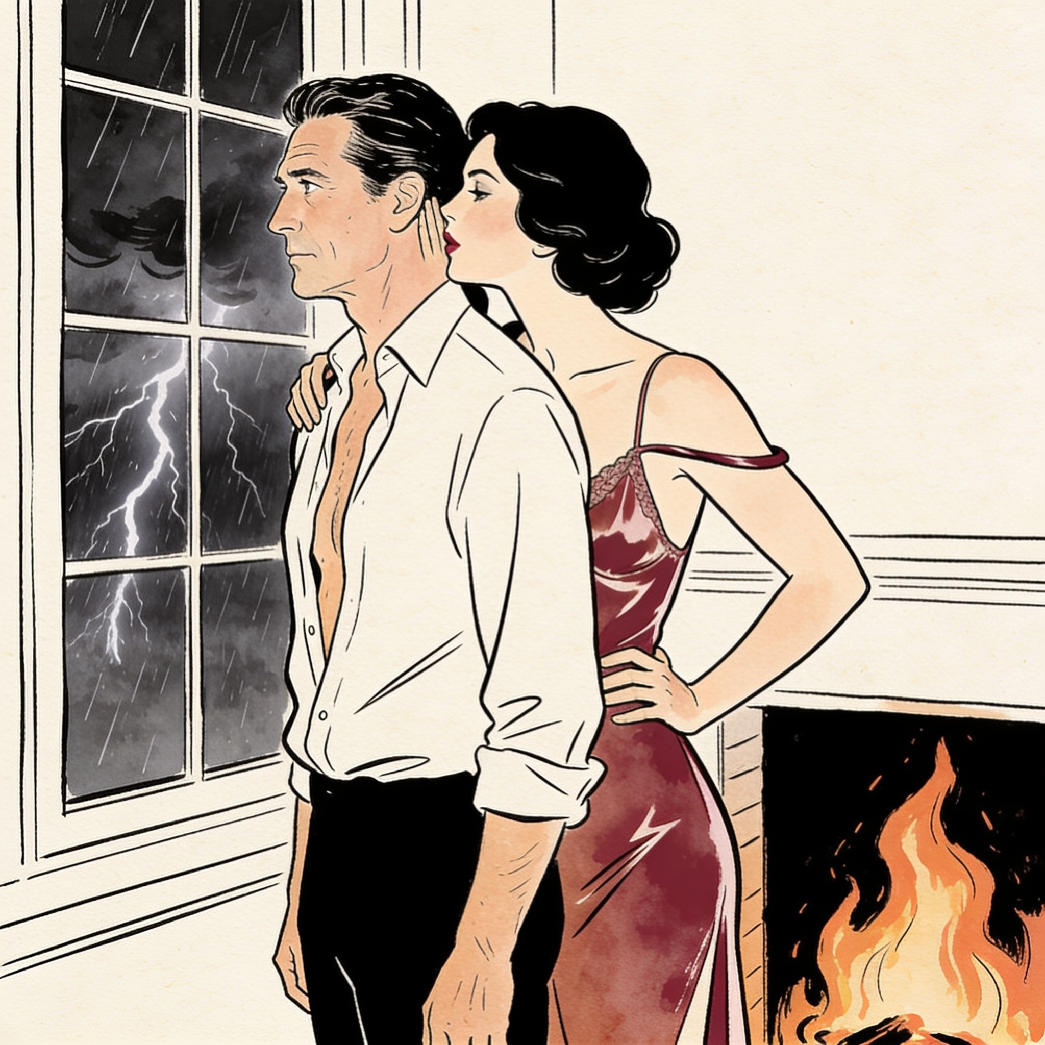 Two people in intimate confrontation by a fireplace during a snowstorm.