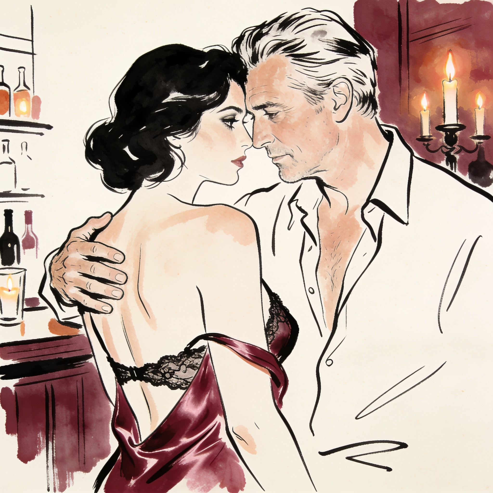 A couple intimately close, foreheads touching, her slip strap fallen off her shoulder.