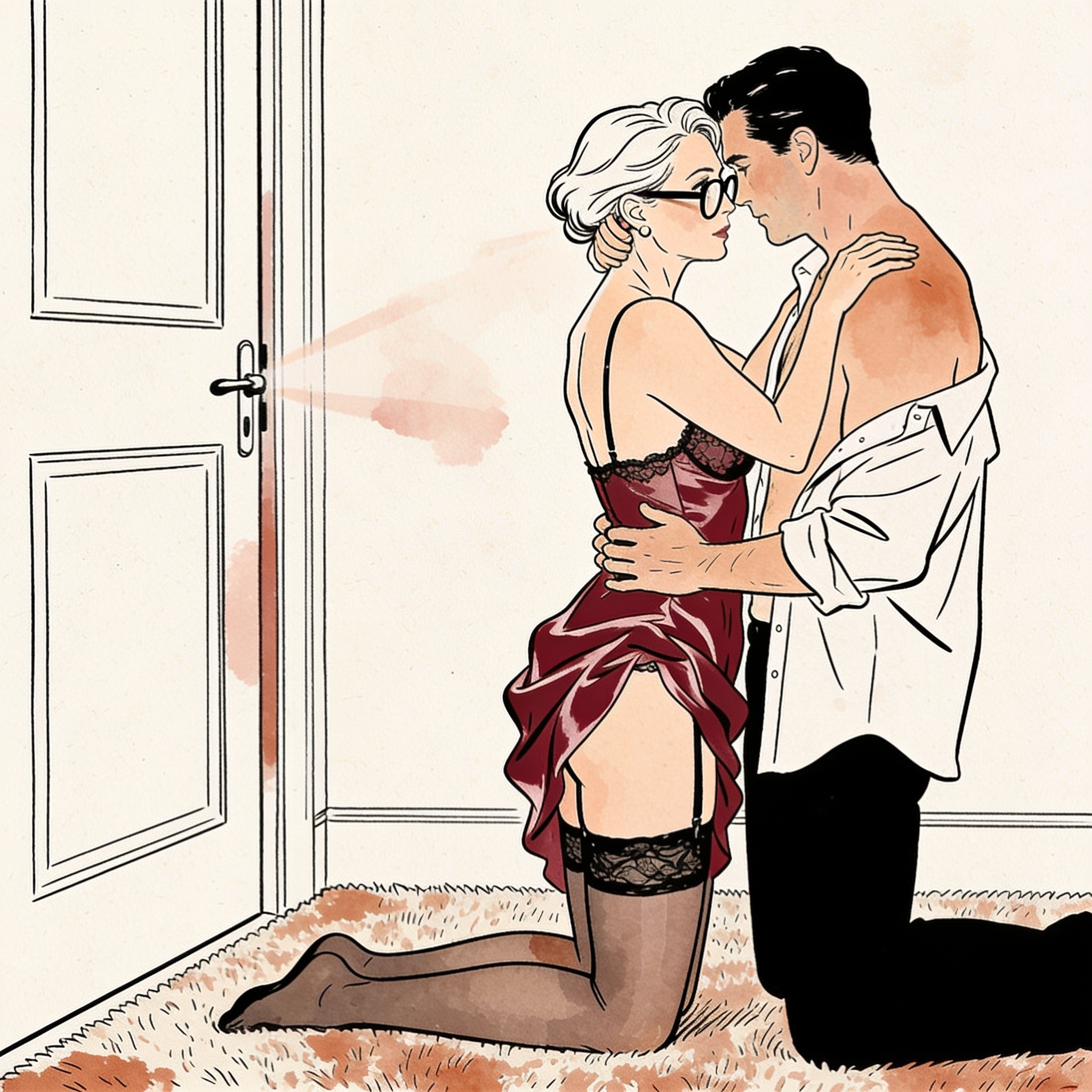 A woman kneels, listening intently, as her husband's hand rests on her bare thigh.