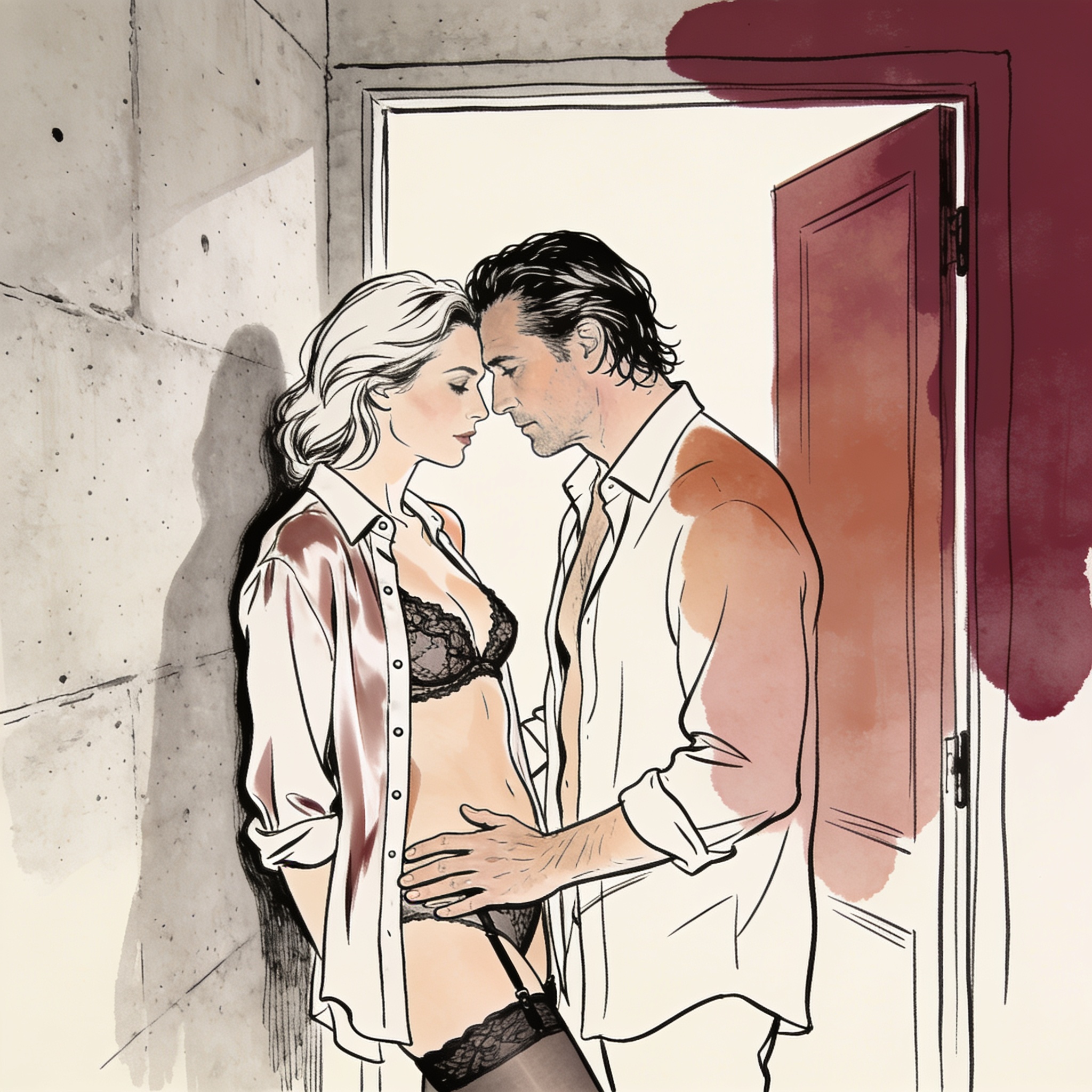 A musician and a woman share an intimate, charged moment in a dim backstage corridor.
