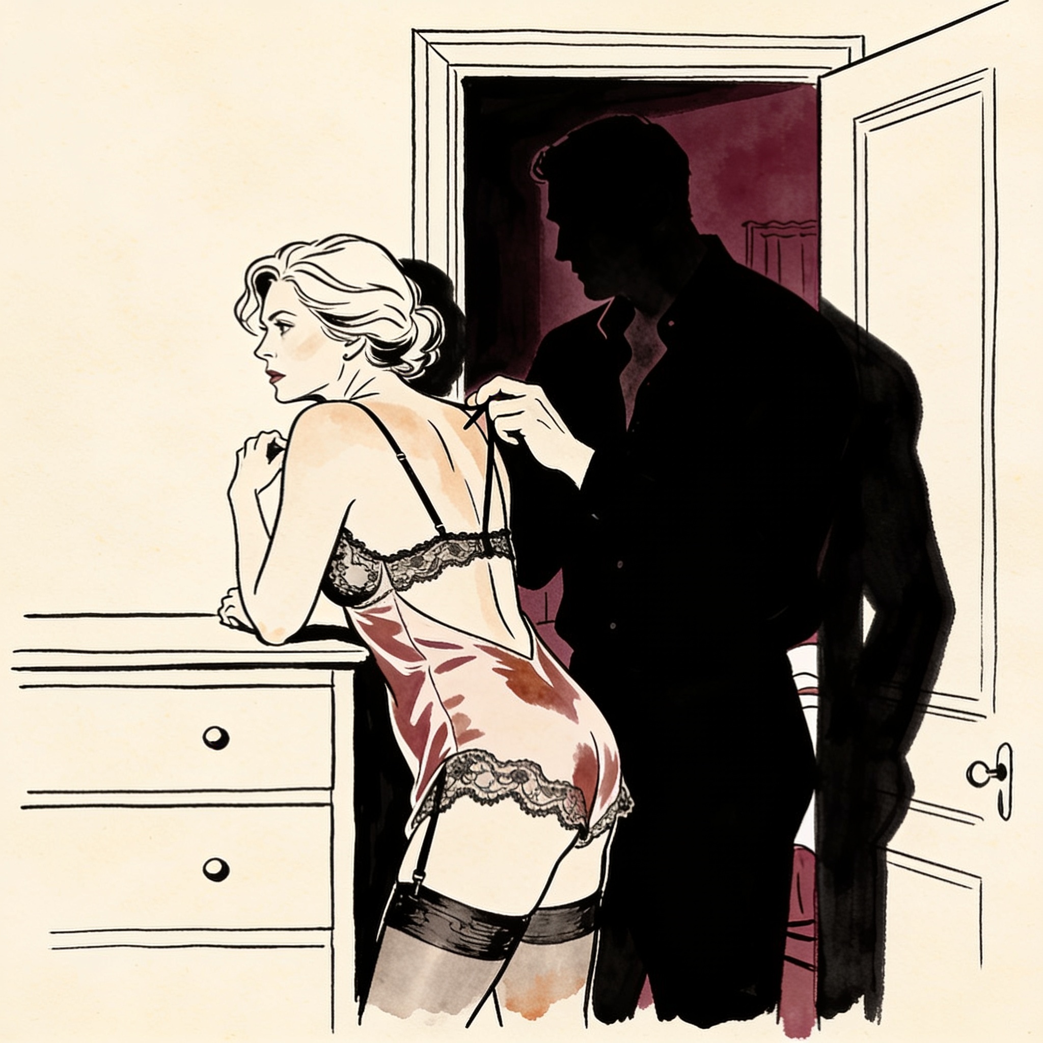 A man's hand traces the strap of a woman's camisole as she leans away in a dark room.