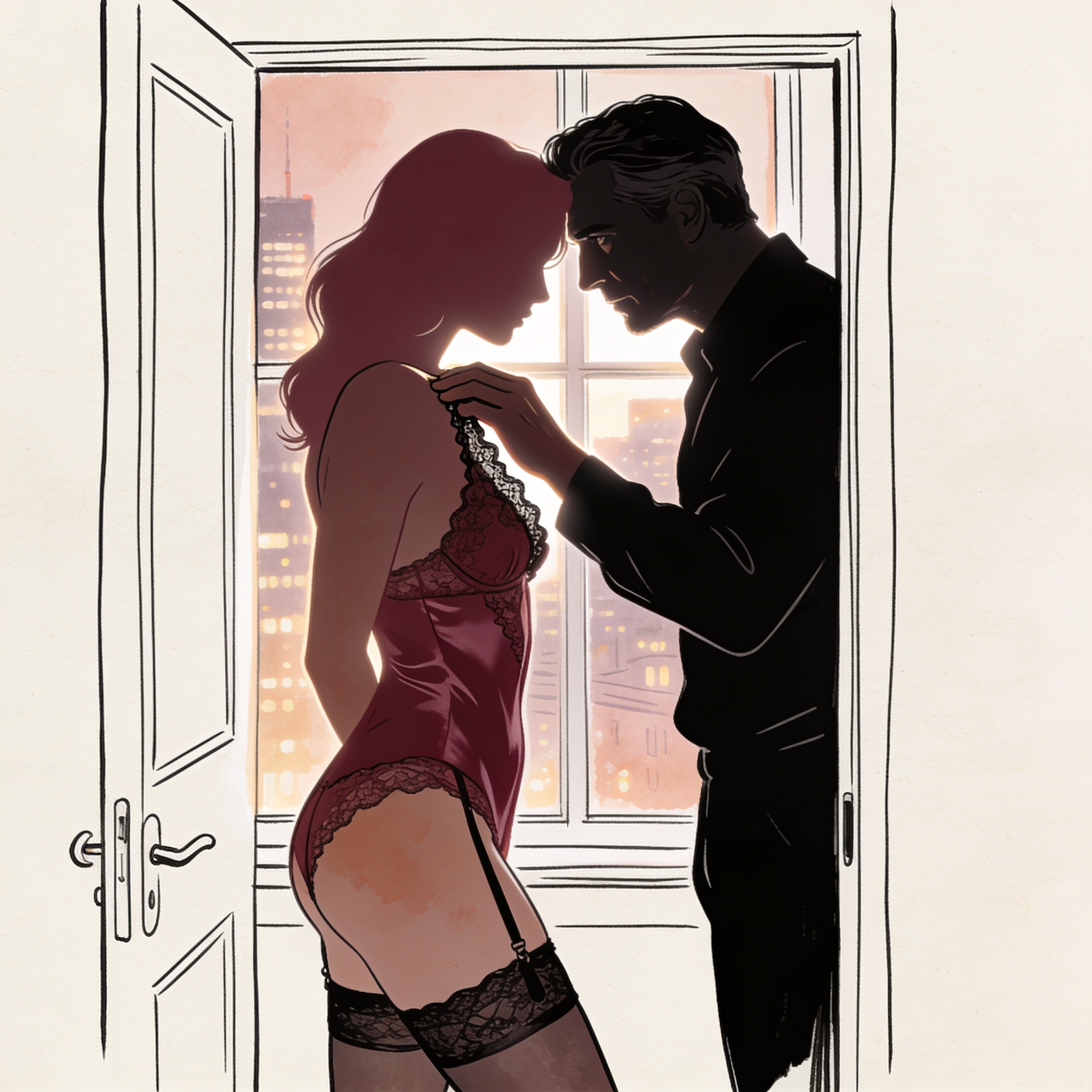 A man in shadows touches a woman's shoulder as she stands silhouetted against a city wi...