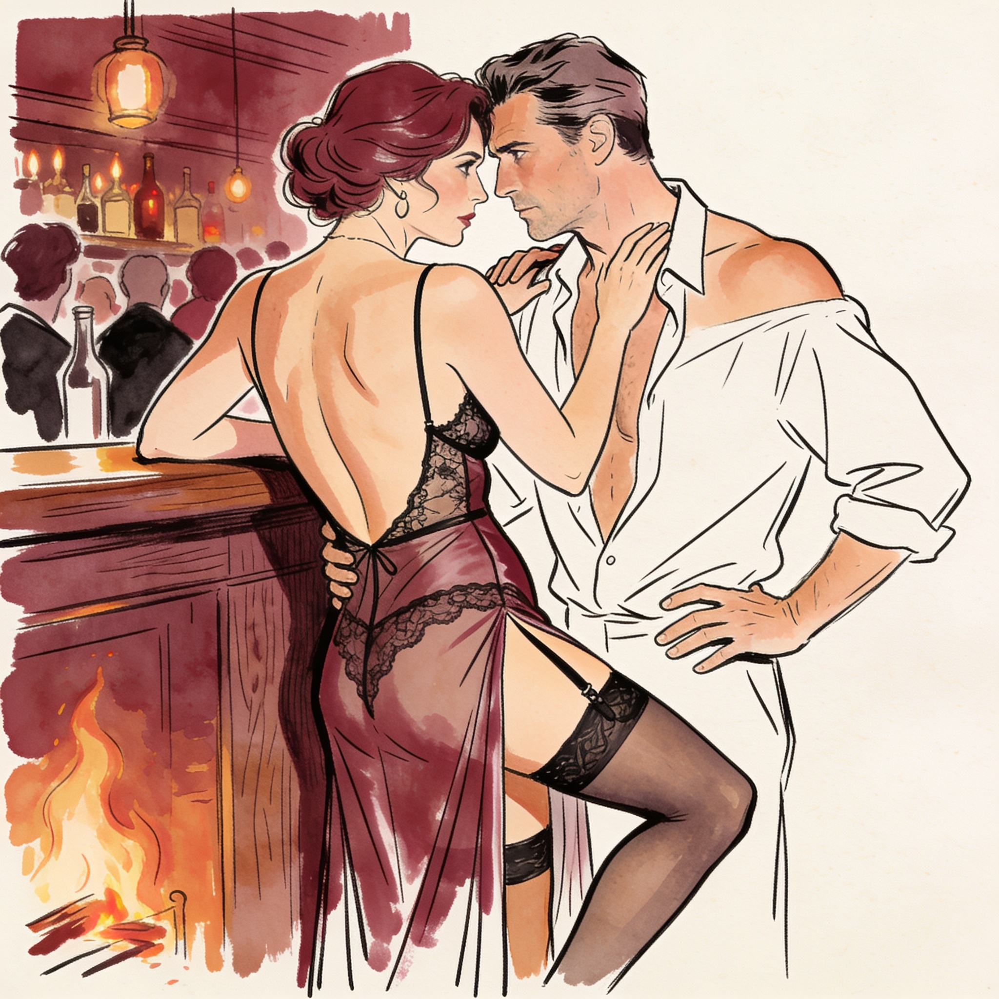 A woman in a sheer backless gown glances over her shoulder at a man watching intently f...